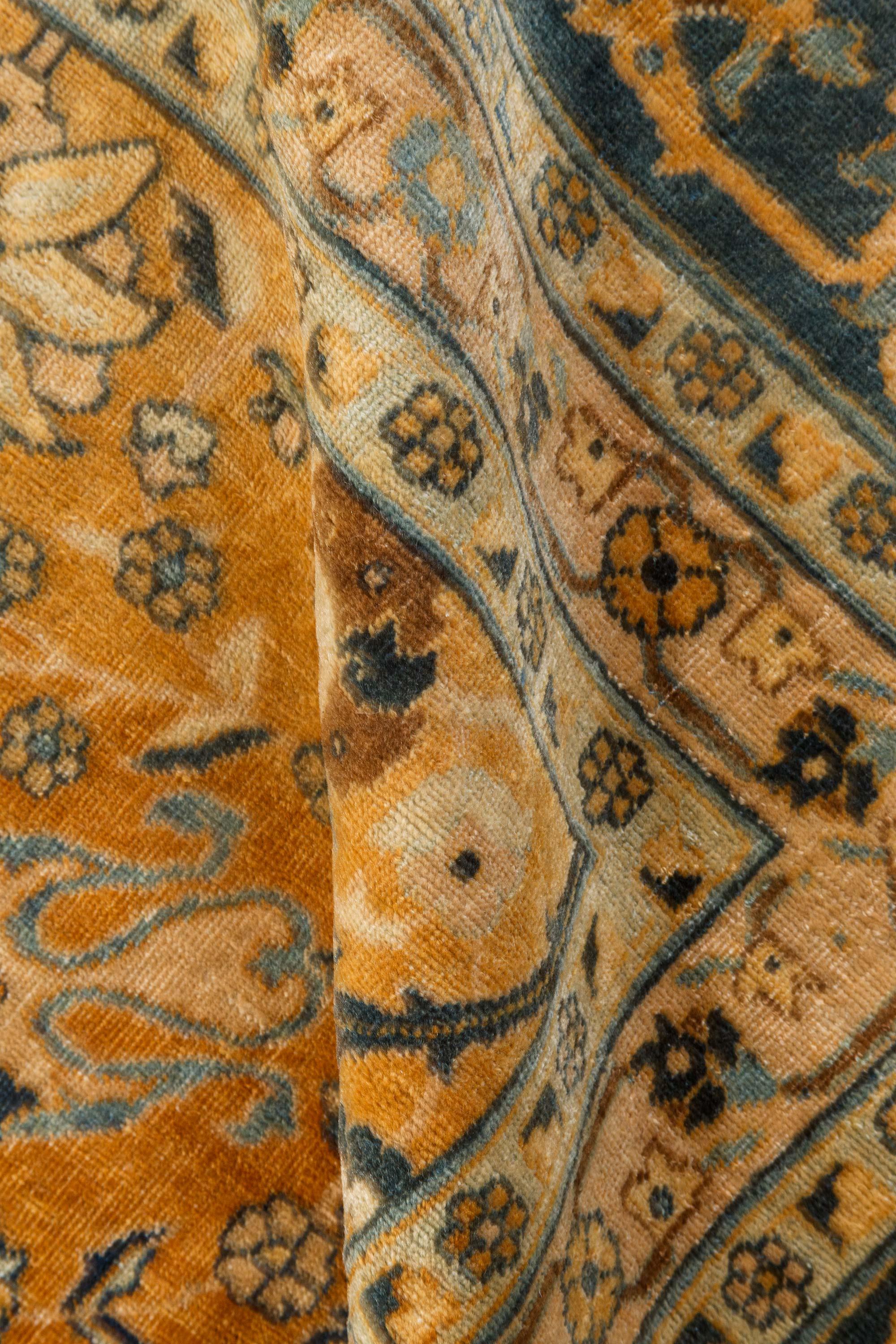 Authentic 1900s Persian Tabriz Blue, Yellow Handmade Wool Rug
Size: 11'9