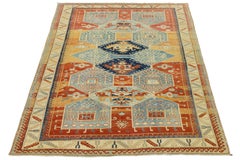 Authentic 1900s Tribal Kazak Rug - Sunset Orange & Sky Blue Wool Oriental Carpet