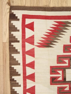 Authentic 1920 Navajo Rug Handwoven Wool Geometric Medallion Design, Red & Ivory