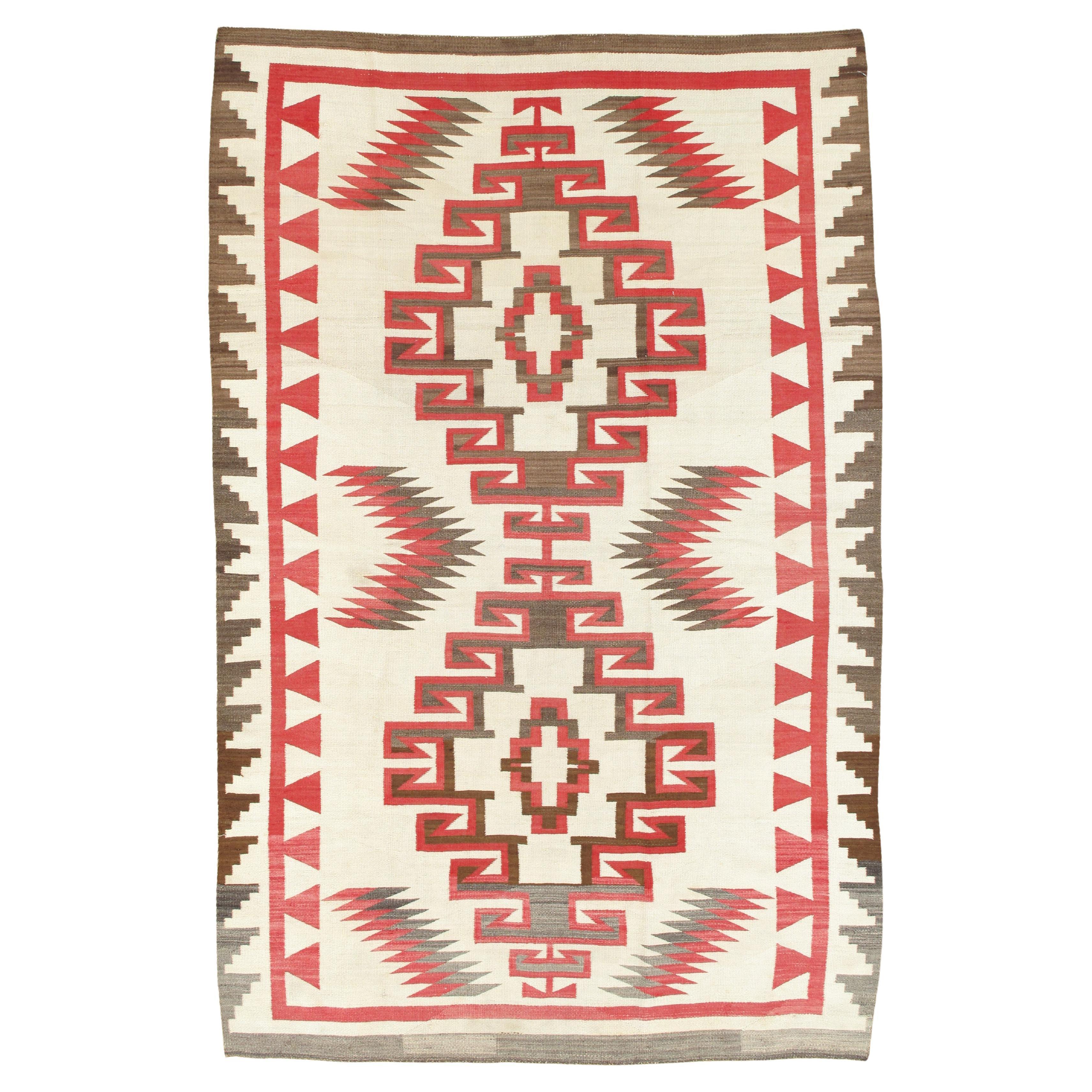 Authentic 1920 Navajo Rug Handwoven Wool Geometric Medallion Design, Red 
Ivory