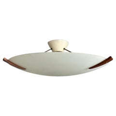 Authentic 1950s Modernist Ceiling Light, Frosted Ripple Glass and Teak Detail