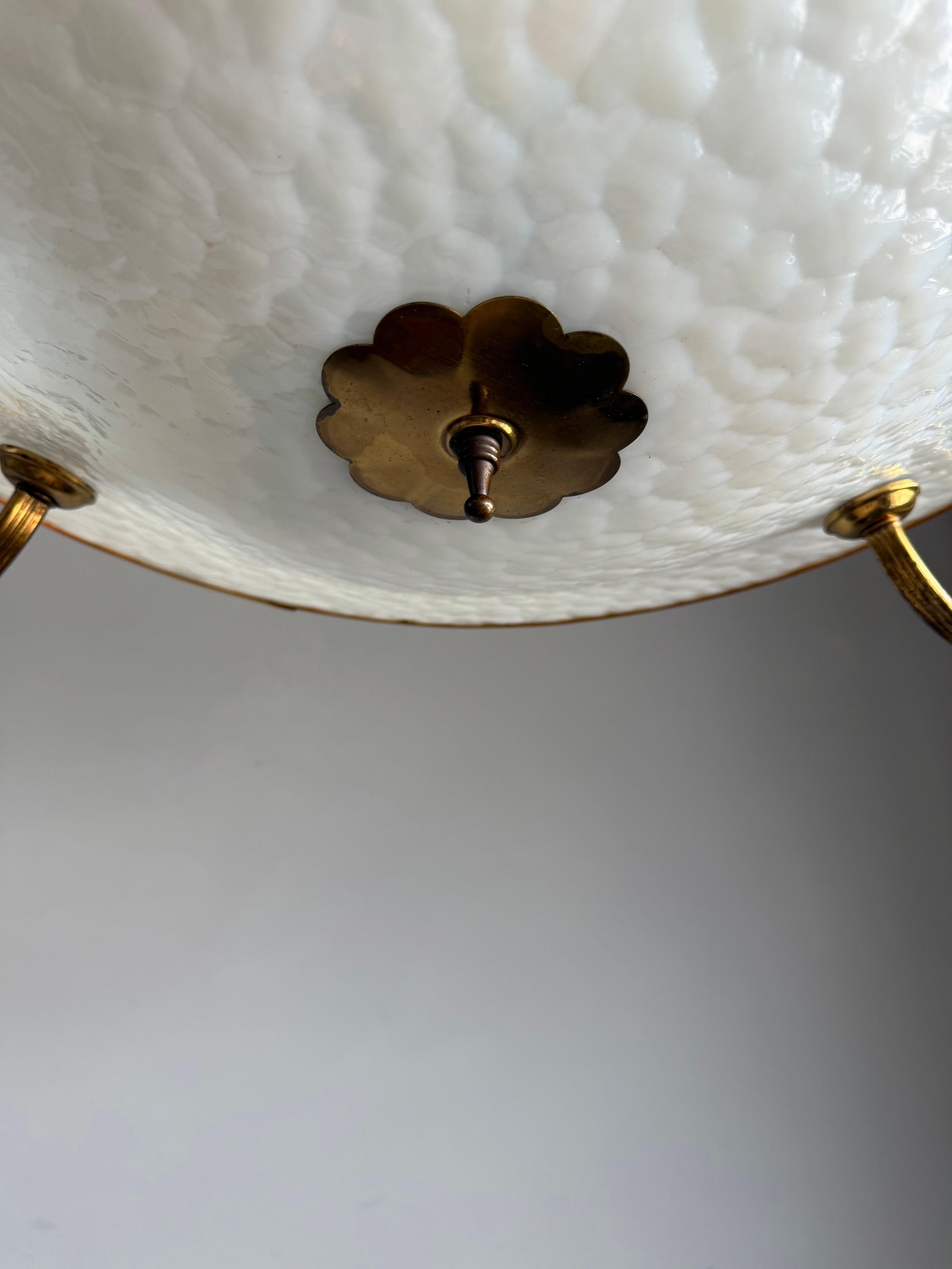Authentic 1950s Modernist Ceiling Light, Textured Opaline Glass and Brass Frame For Sale 2