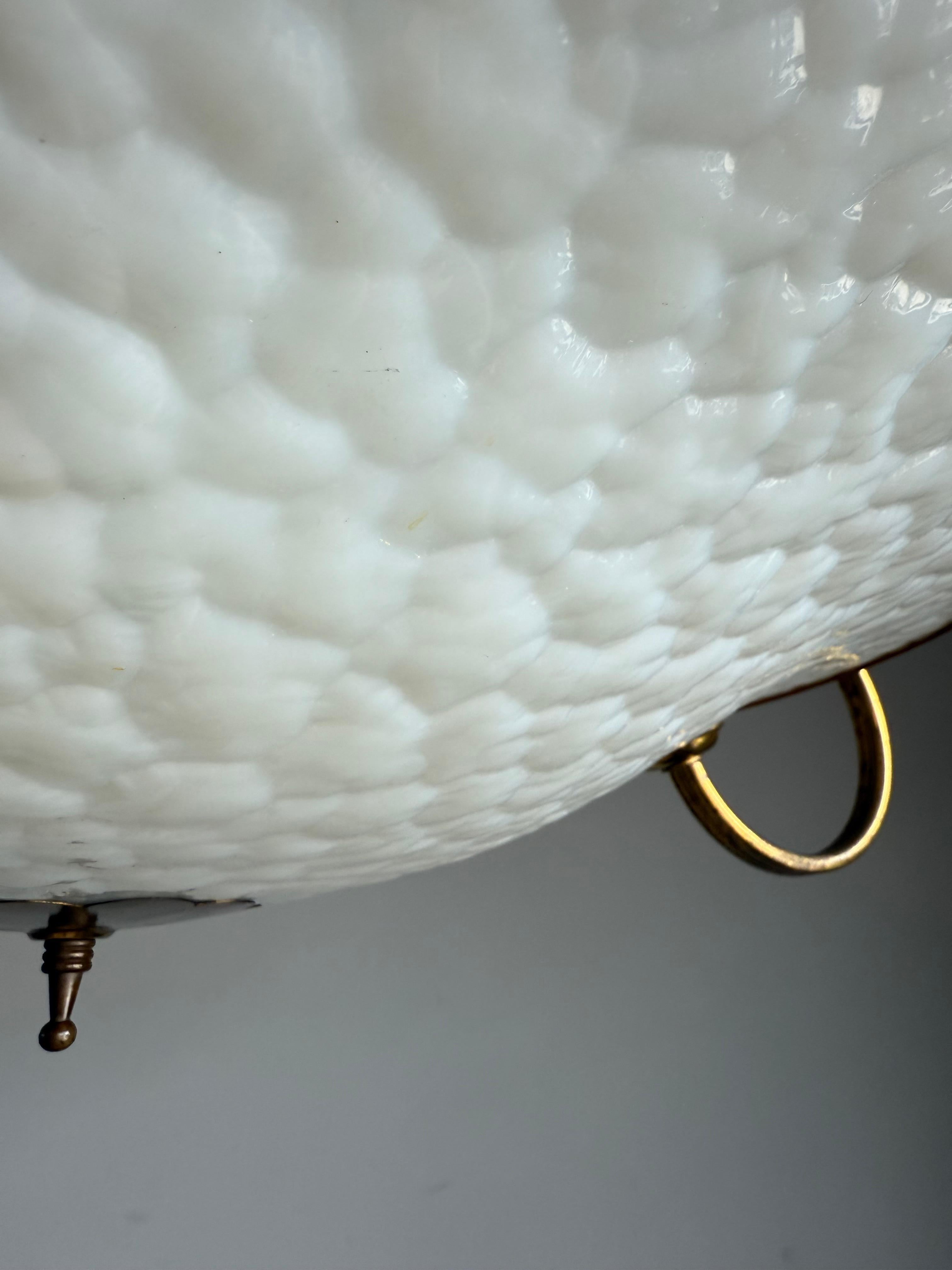 Authentic 1950s Modernist Ceiling Light, Textured Opaline Glass and Brass Frame For Sale 3