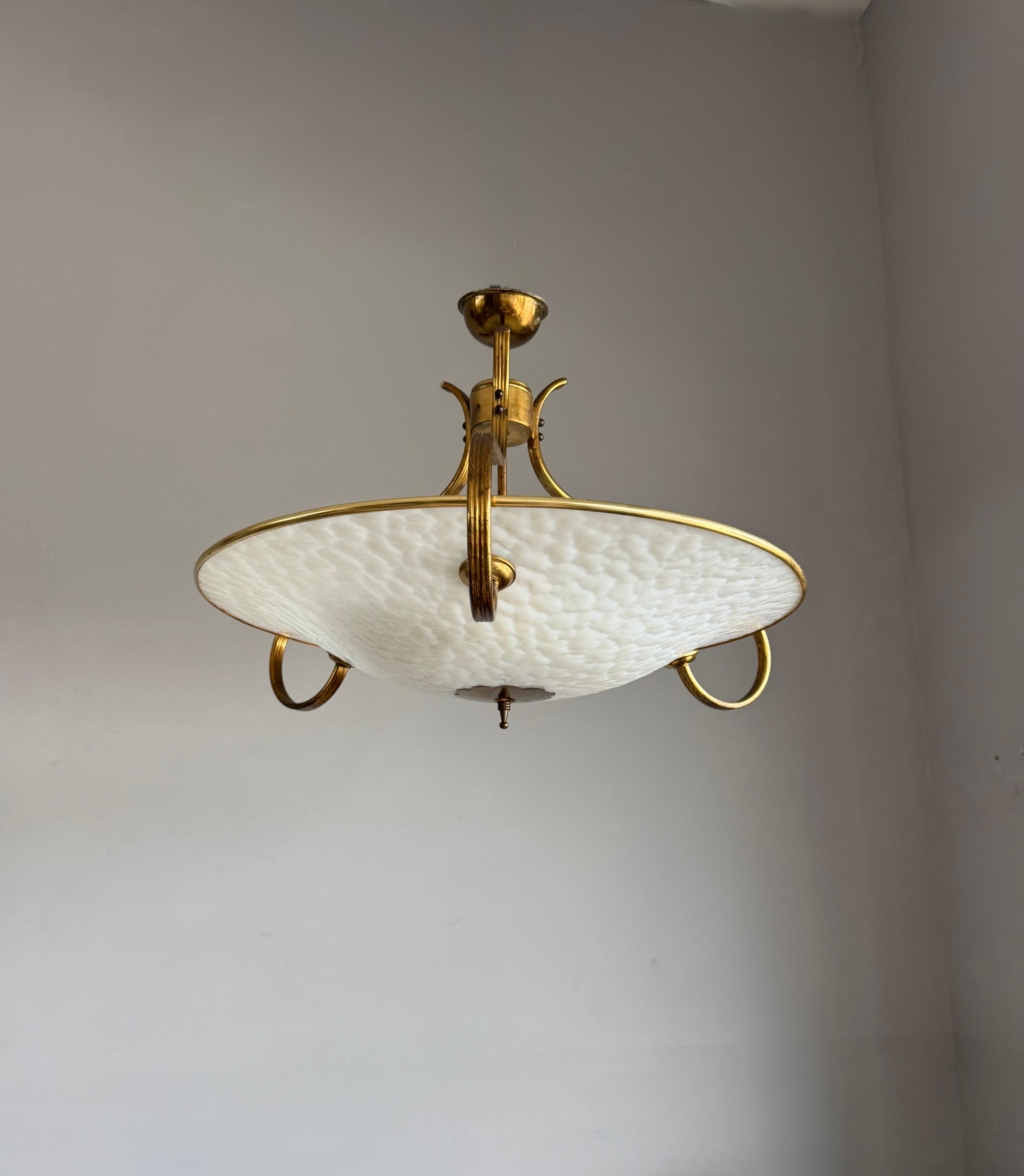 Authentic 1950s Modernist Ceiling Light, Textured Opaline Glass and Brass Frame For Sale 4