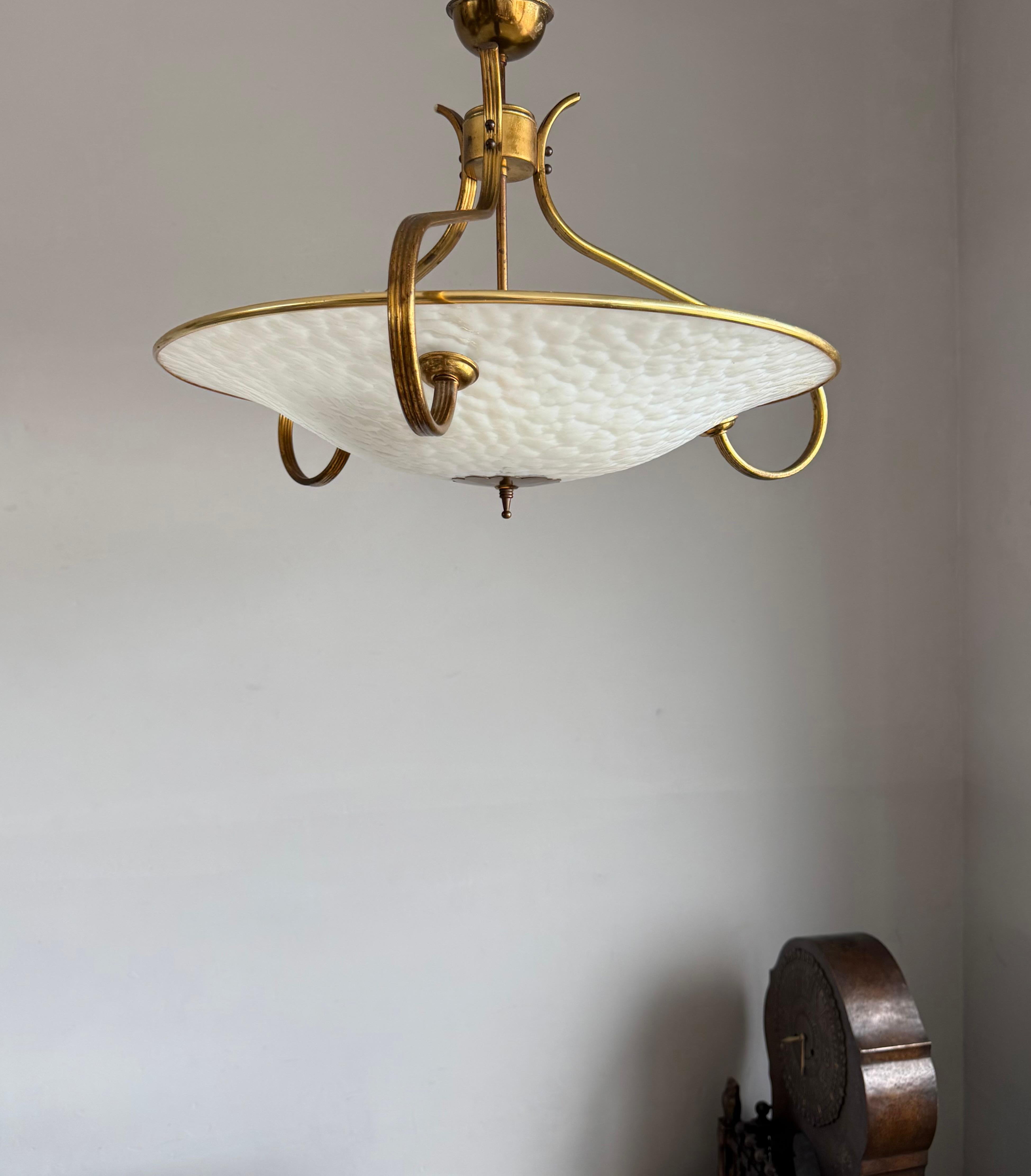 Authentic 1950s Modernist Ceiling Light, Textured Opaline Glass and Brass Frame For Sale 5