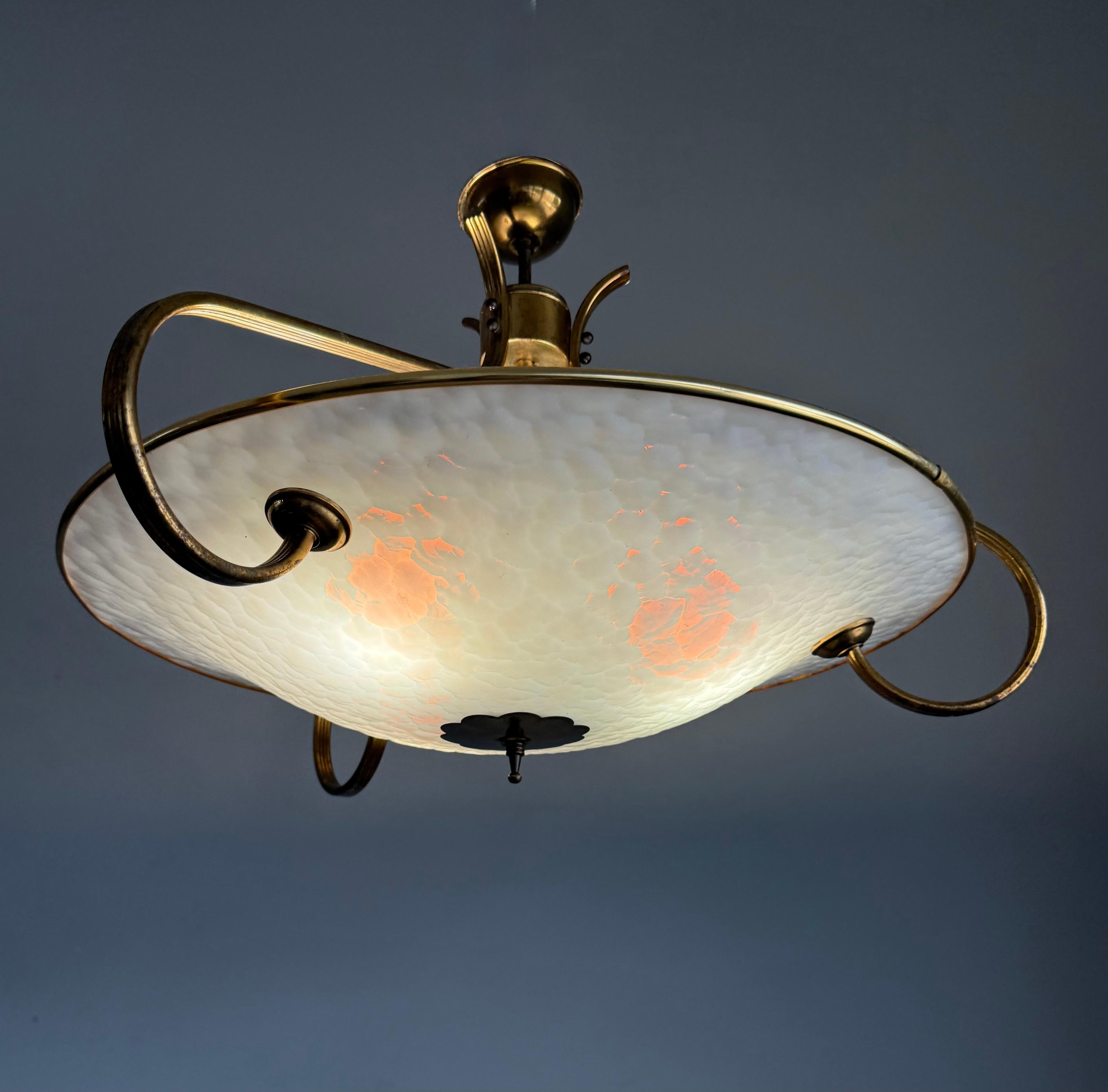 Authentic 1950s Modernist Ceiling Light, Textured Opaline Glass and Brass Frame For Sale 6