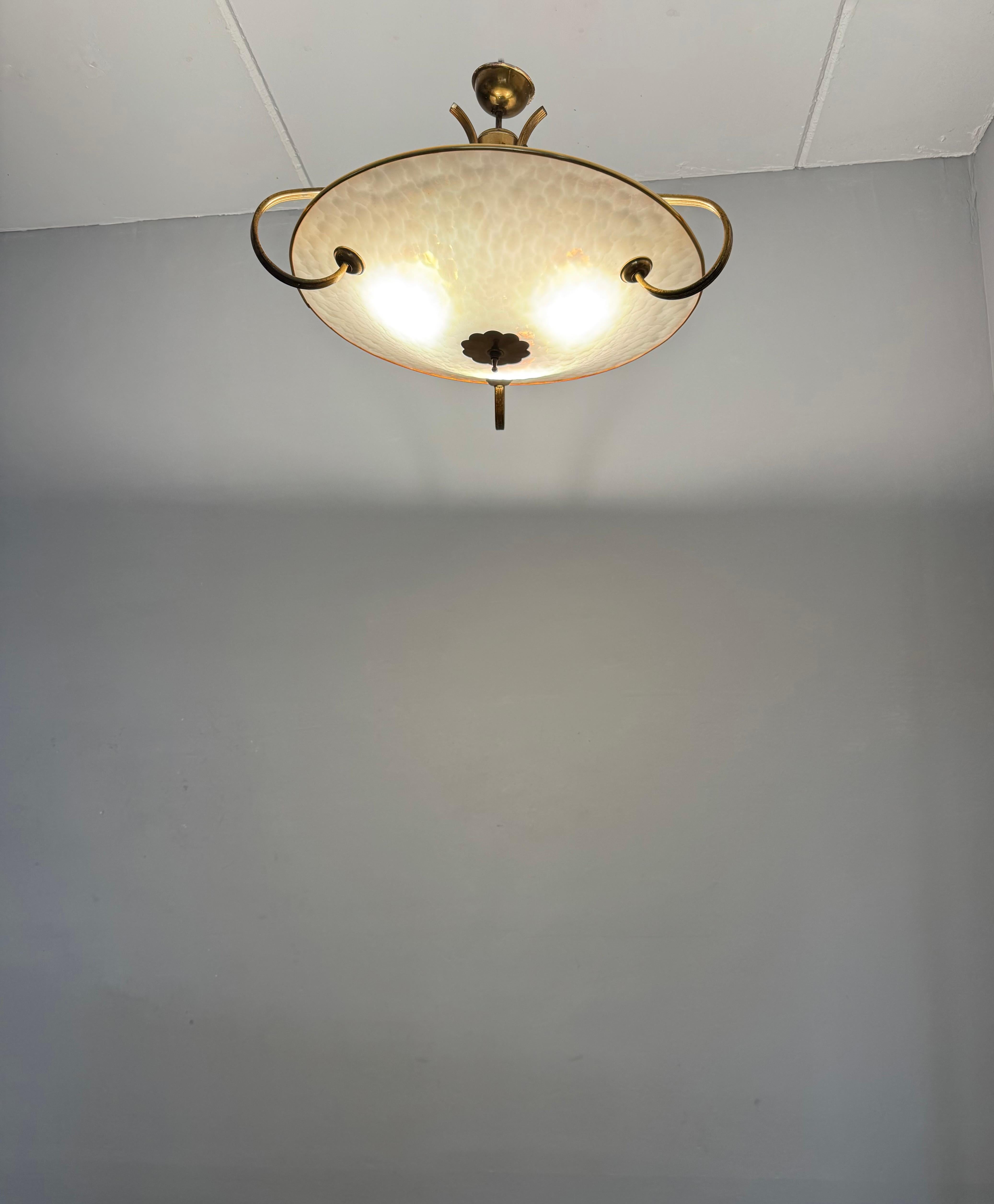 Authentic 1950s Modernist Ceiling Light, Textured Opaline Glass and Brass Frame For Sale 7