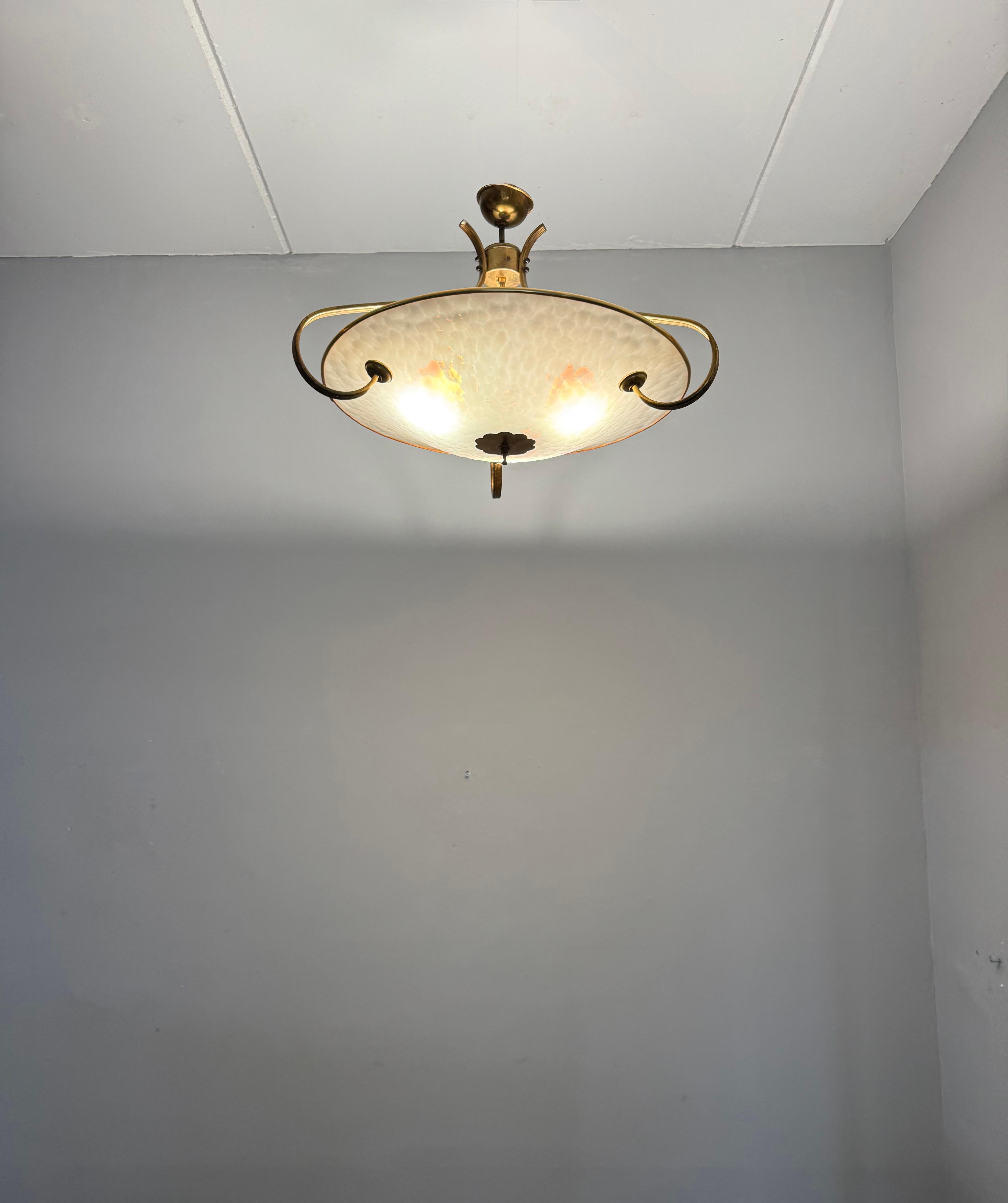 Authentic 1950s Modernist Ceiling Light, Textured Opaline Glass and Brass Frame For Sale 8