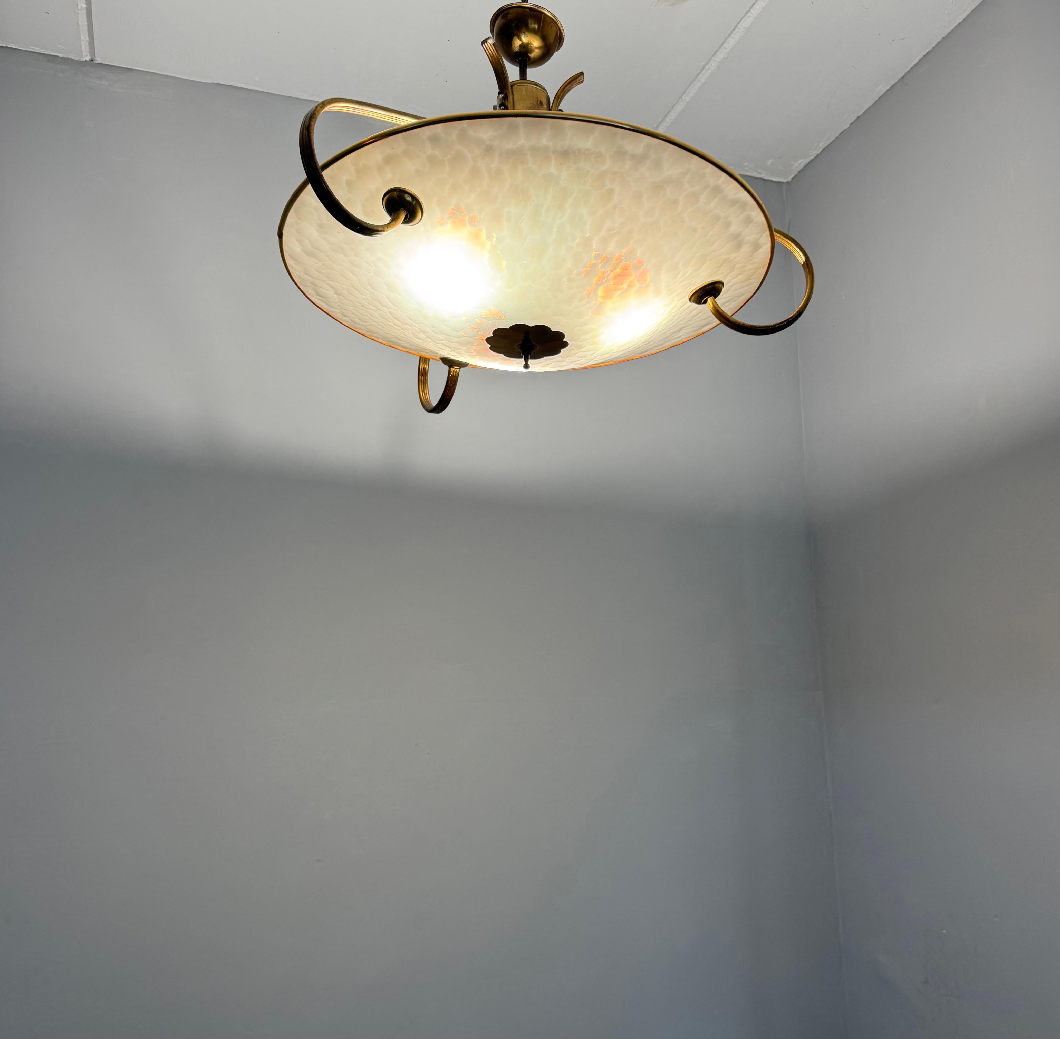 Authentic 1950s Modernist Ceiling Light, Textured Opaline Glass and Brass Frame For Sale 9