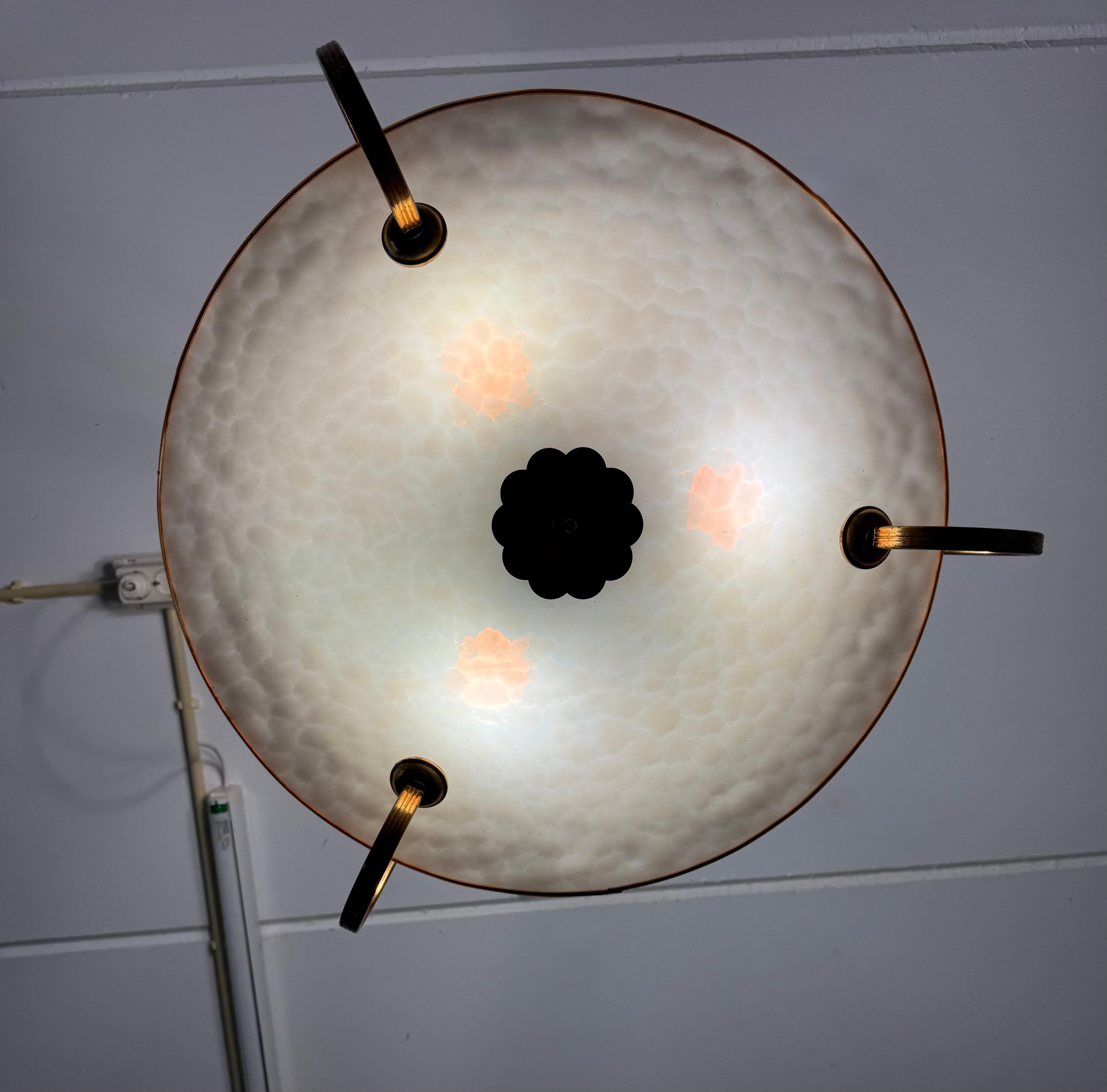 Authentic 1950s Modernist Ceiling Light, Textured Opaline Glass and Brass Frame For Sale 10