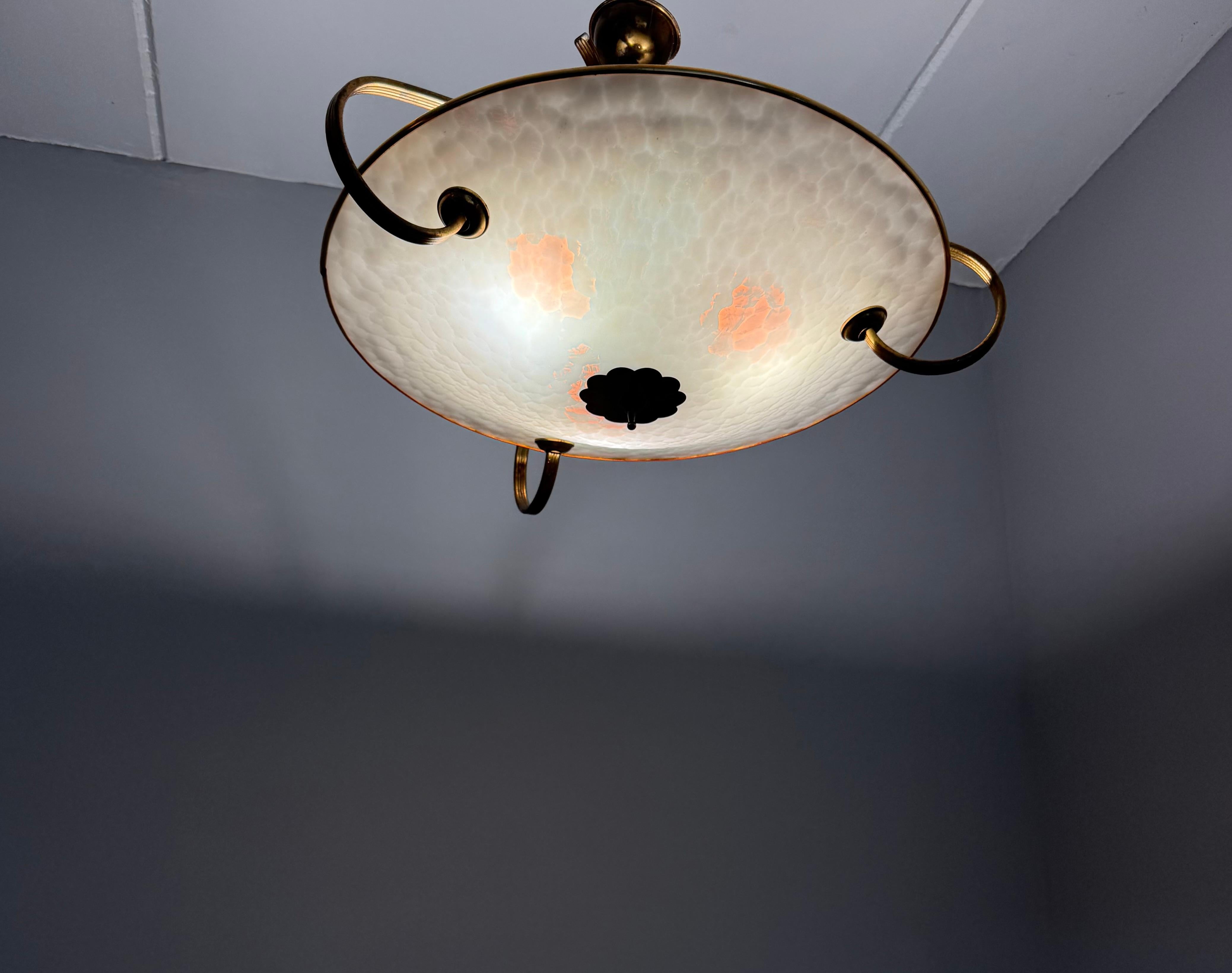 Authentic 1950s Modernist Ceiling Light, Textured Opaline Glass and Brass Frame For Sale 11