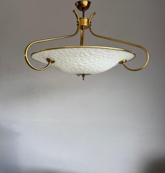 Authentic 1950s Modernist Ceiling Light, Textured Opaline Glass and Brass Frame