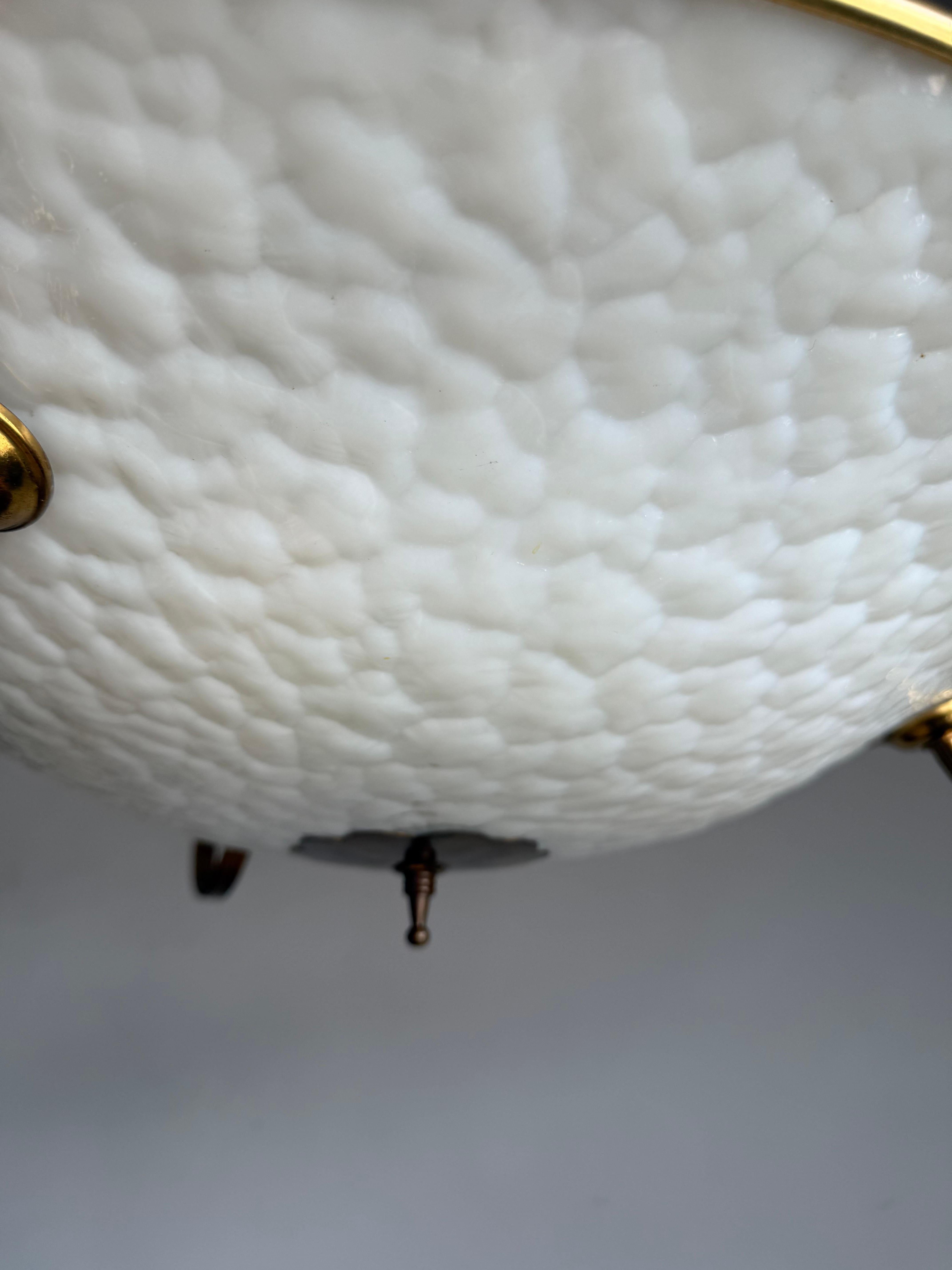 European Authentic 1950s Modernist Ceiling Light, Textured Opaline Glass and Brass Frame For Sale