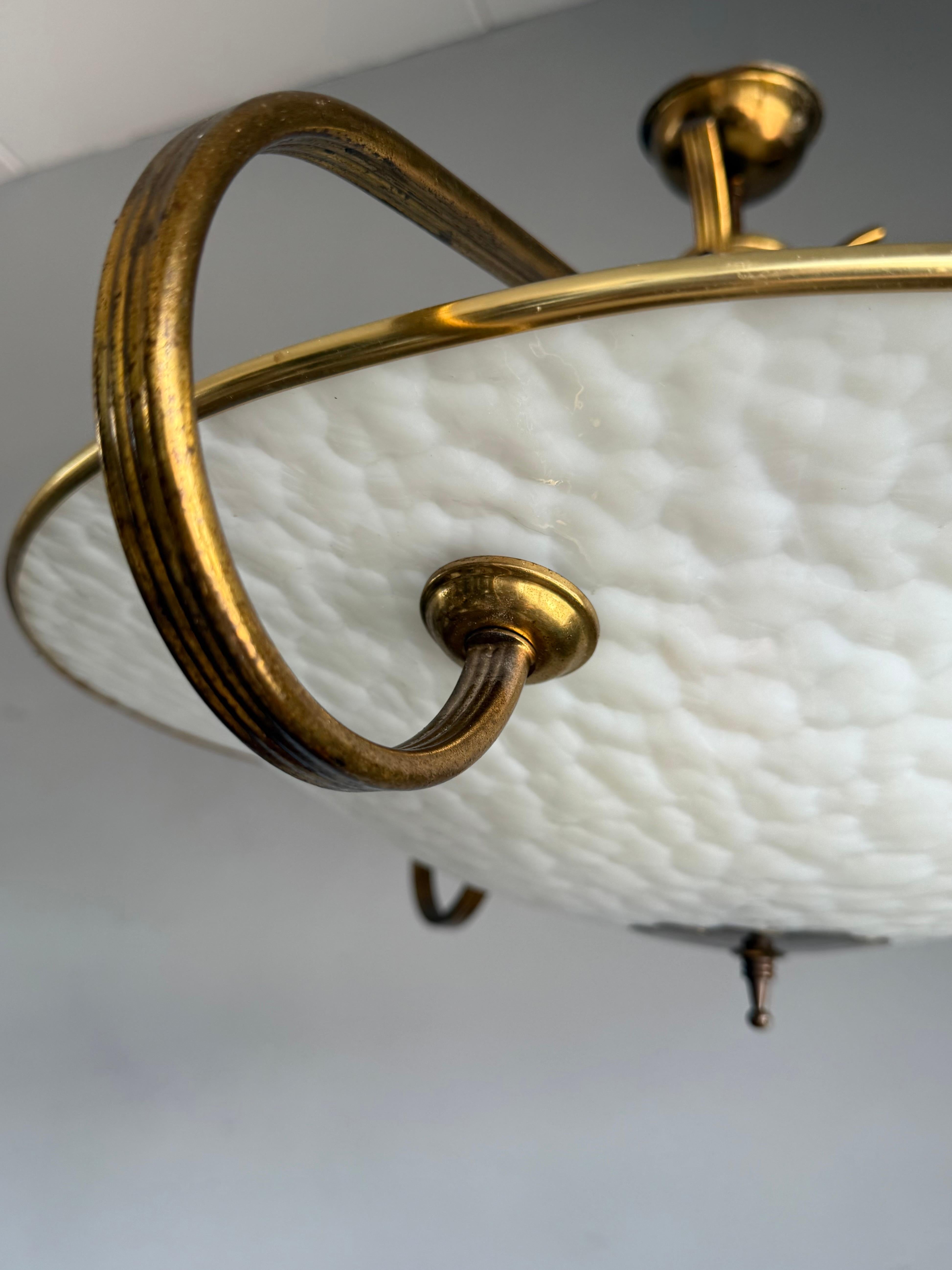 Hand-Carved Authentic 1950s Modernist Ceiling Light, Textured Opaline Glass and Brass Frame For Sale
