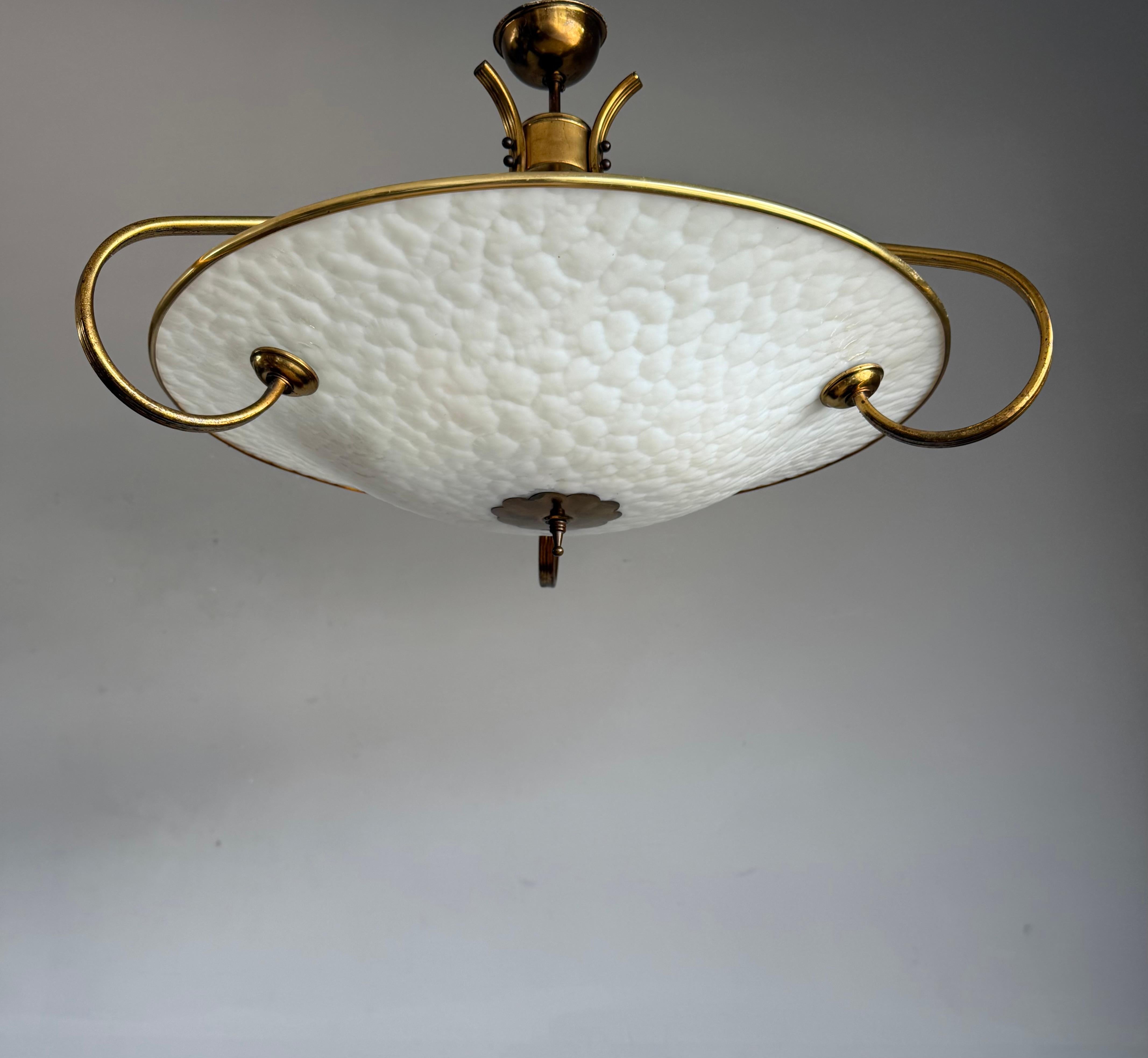 Authentic 1950s Modernist Ceiling Light, Textured Opaline Glass and Brass Frame In Good Condition For Sale In Lisse, NL