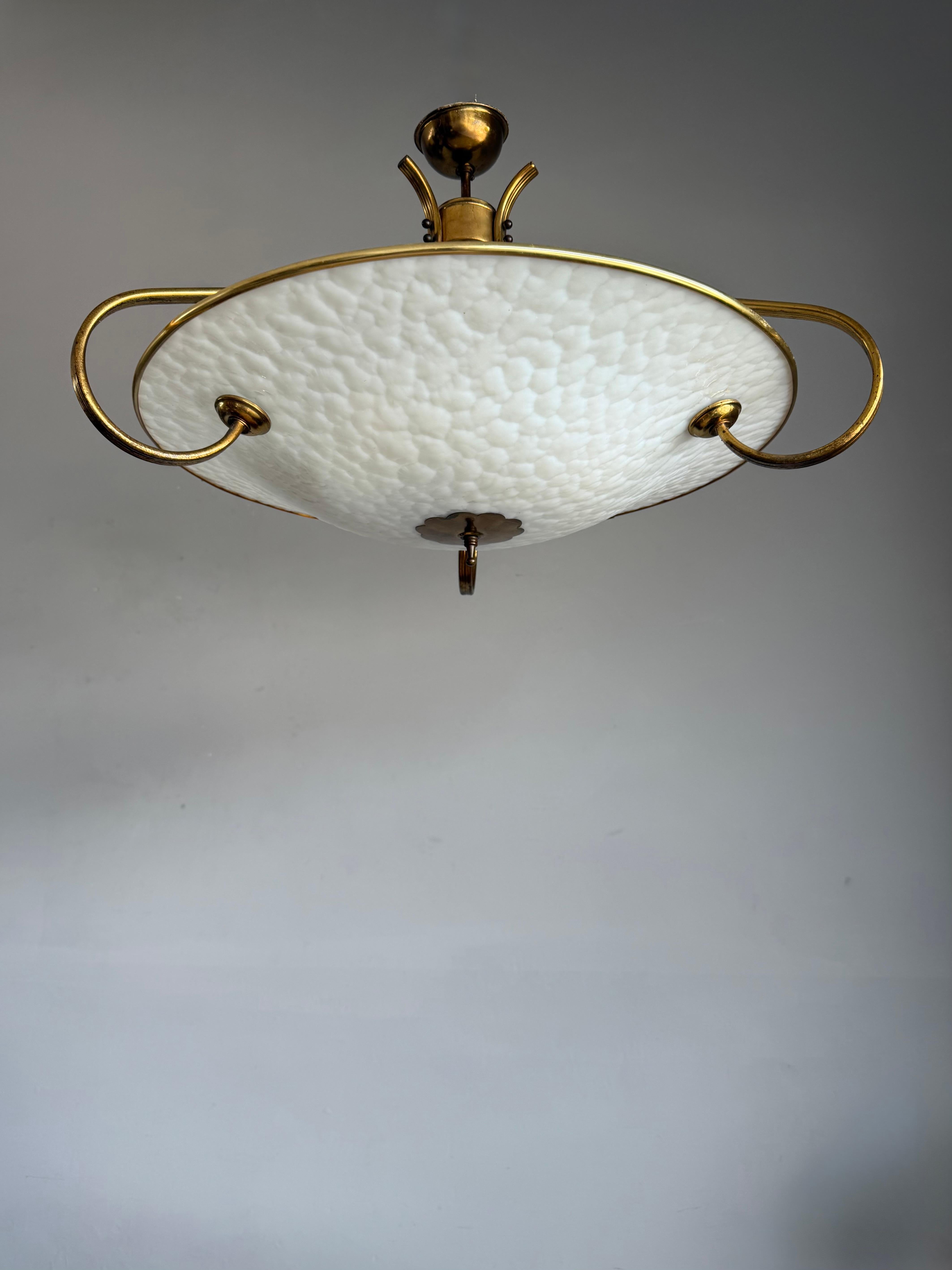 20th Century Authentic 1950s Modernist Ceiling Light, Textured Opaline Glass and Brass Frame For Sale