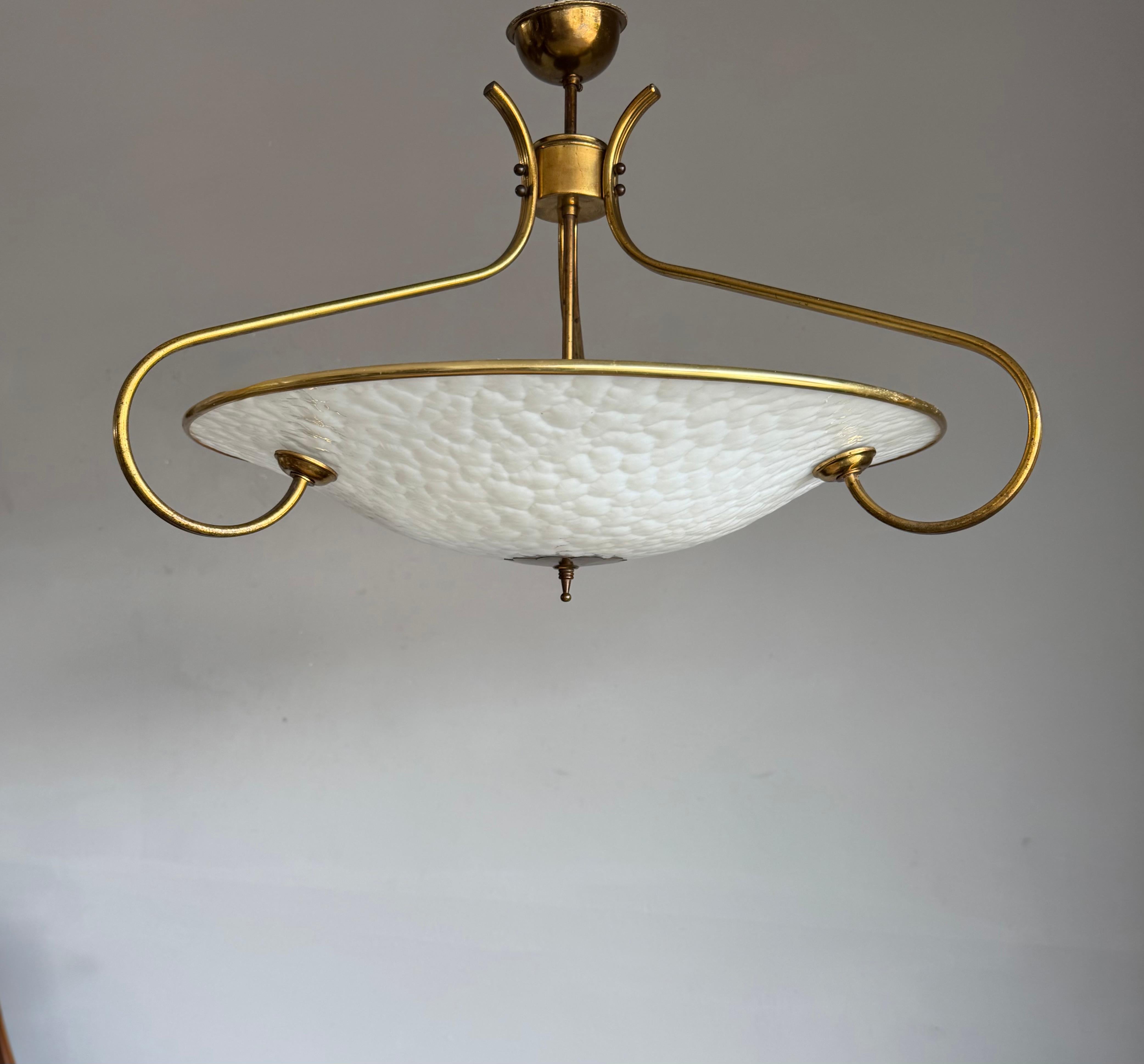 Metal Authentic 1950s Modernist Ceiling Light, Textured Opaline Glass and Brass Frame For Sale