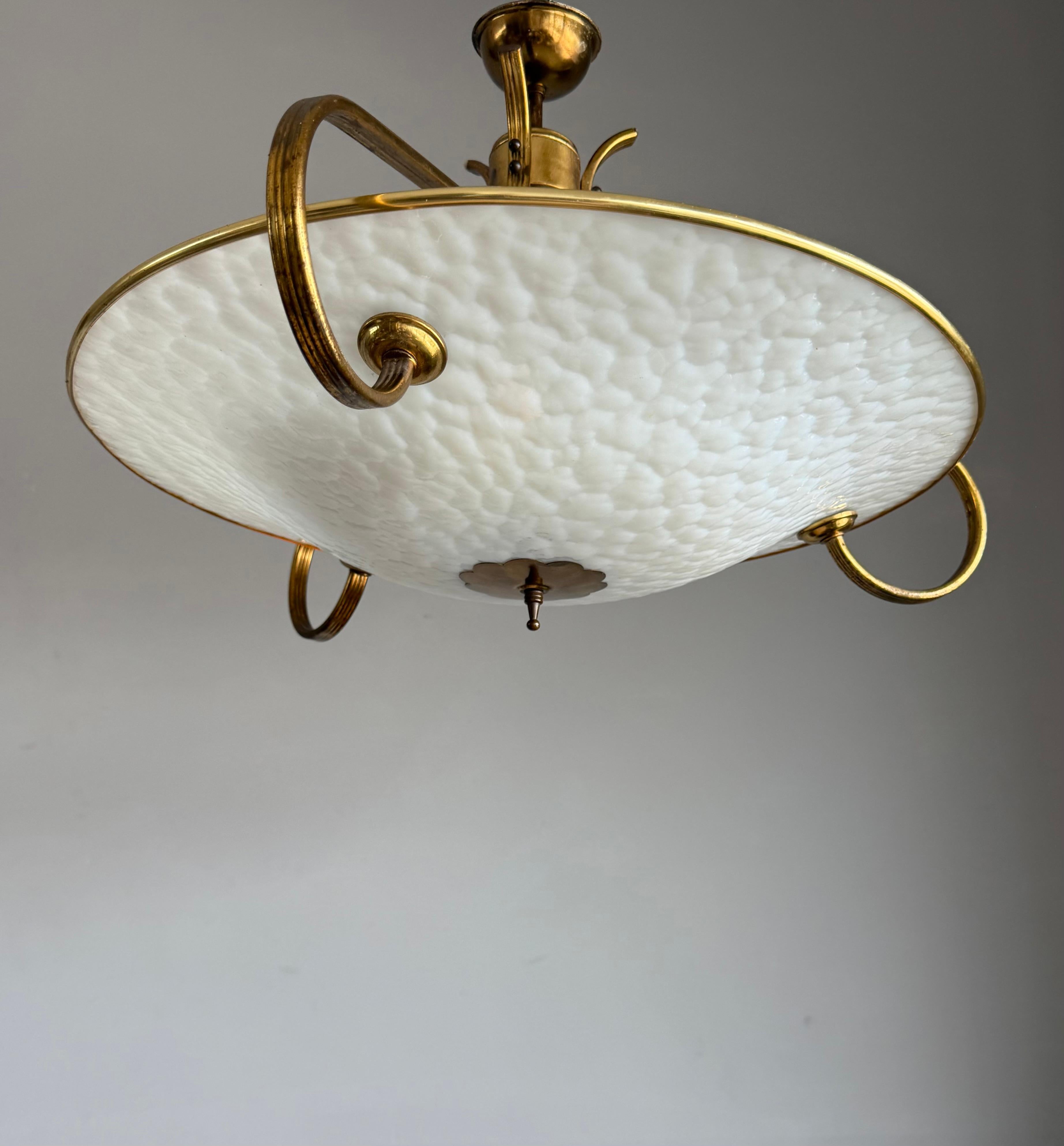 Authentic 1950s Modernist Ceiling Light, Textured Opaline Glass and Brass Frame For Sale 1