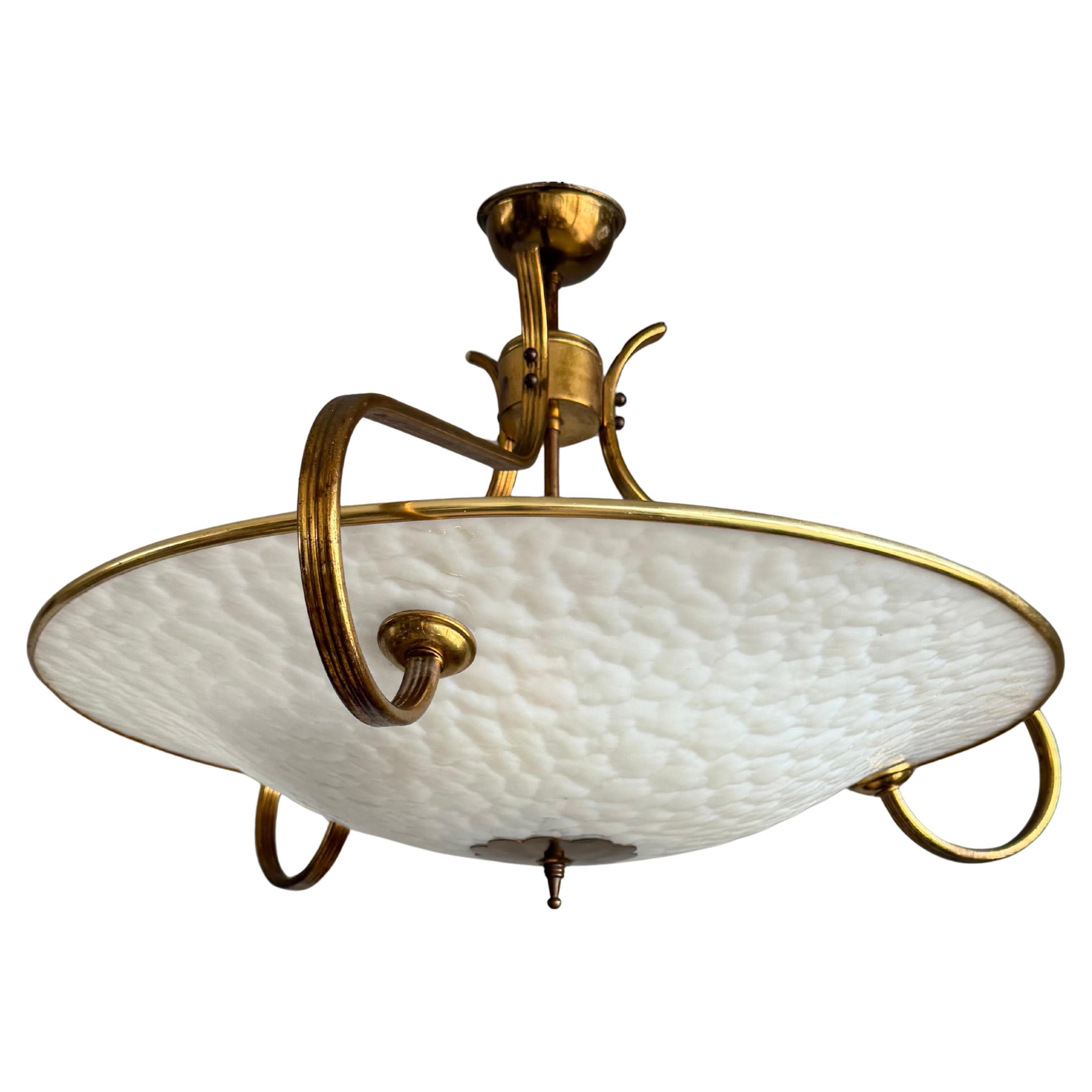 Authentic 1950s Modernist Ceiling Light, Textured Opaline Glass and Brass Frame For Sale