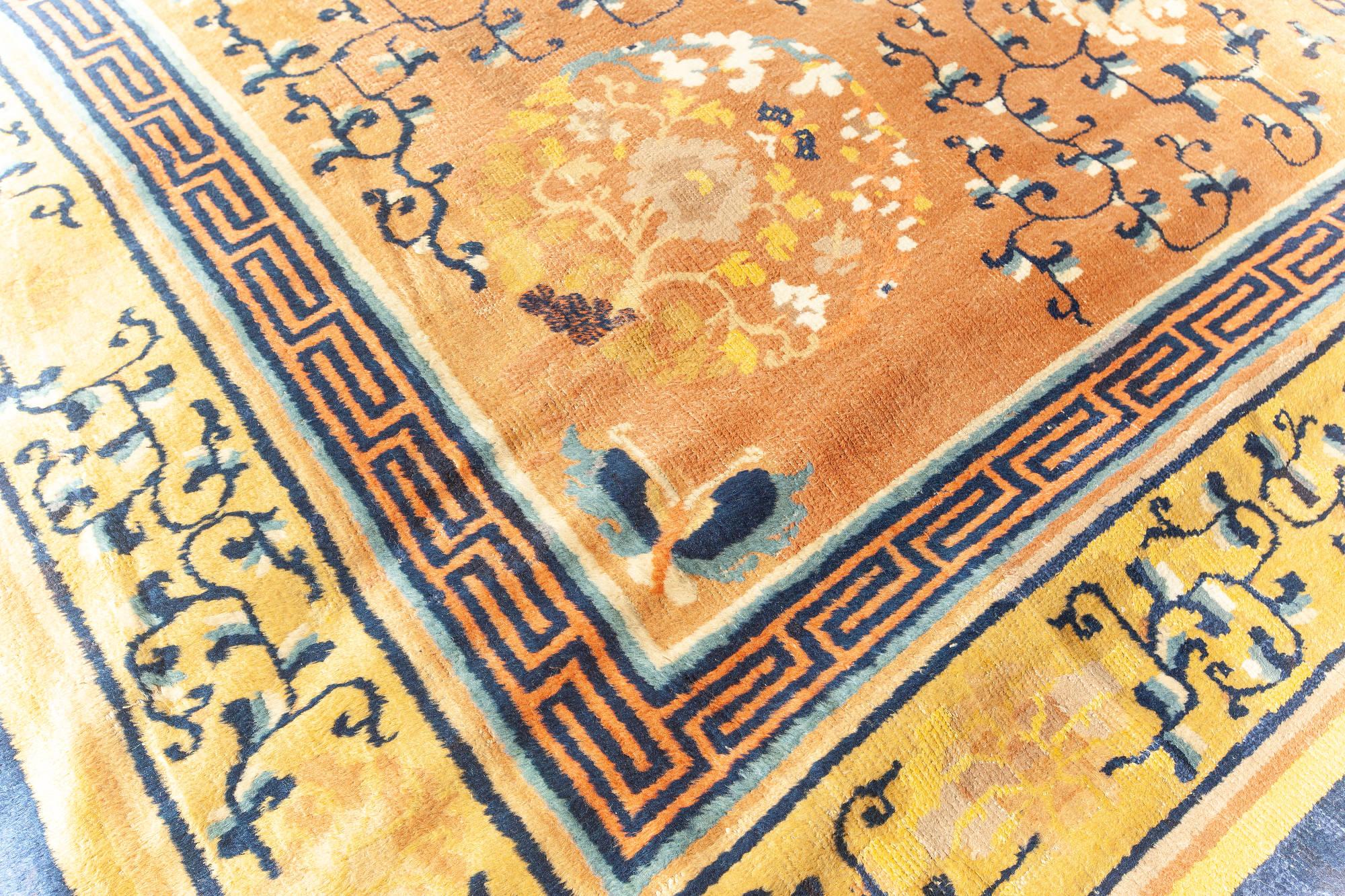 Wool Authentic 19th Century Chinese Yellow Handmade Rug For Sale