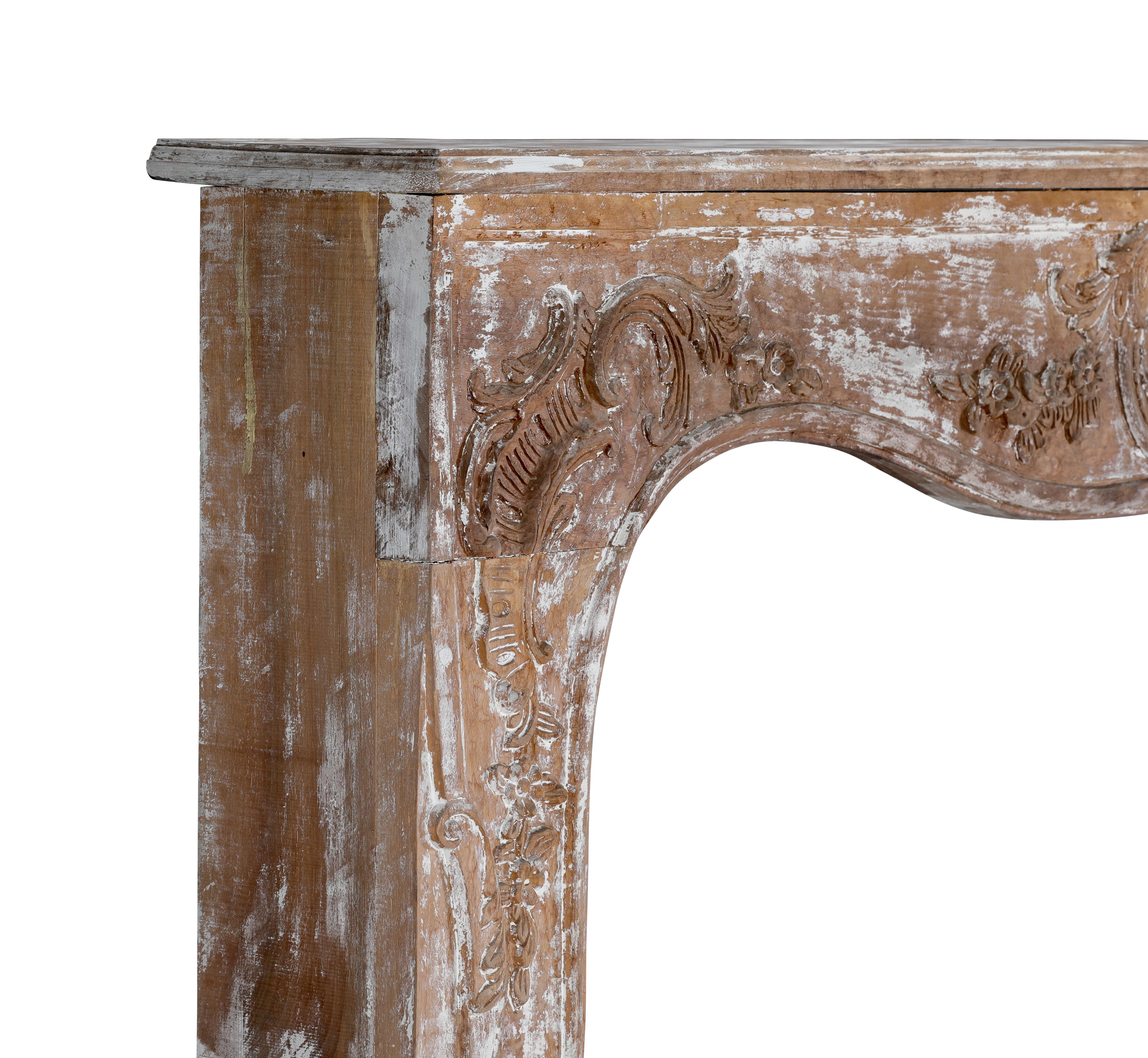 Hand-Carved Authentic 19th Century French Rococo Fireplace Mantel - Floral Details - Antique For Sale