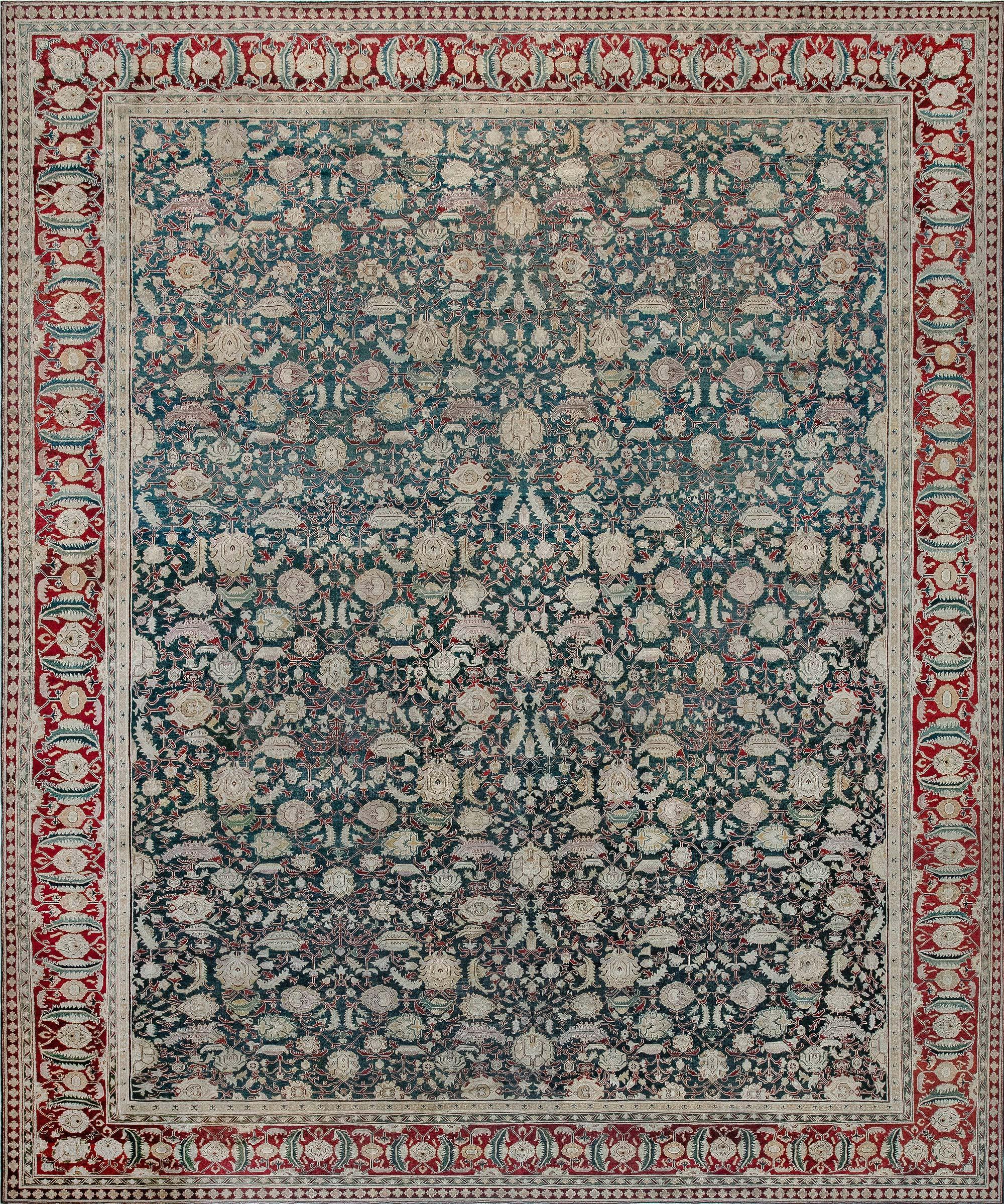 19th Century Indian Agra Floral Handmade Wool Rug