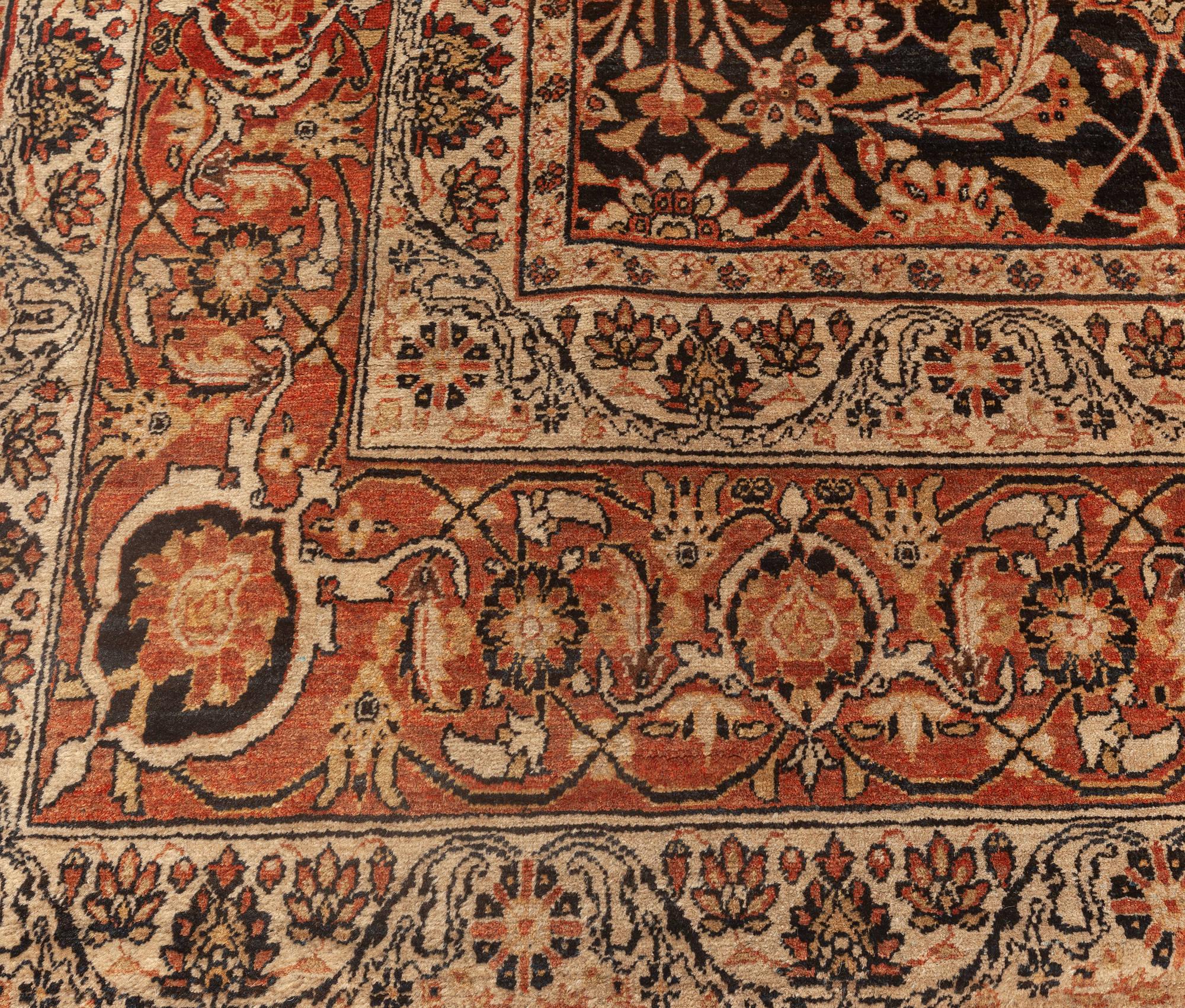 Wool 19th Century Persian Kirman Botanic Handmade Rug For Sale