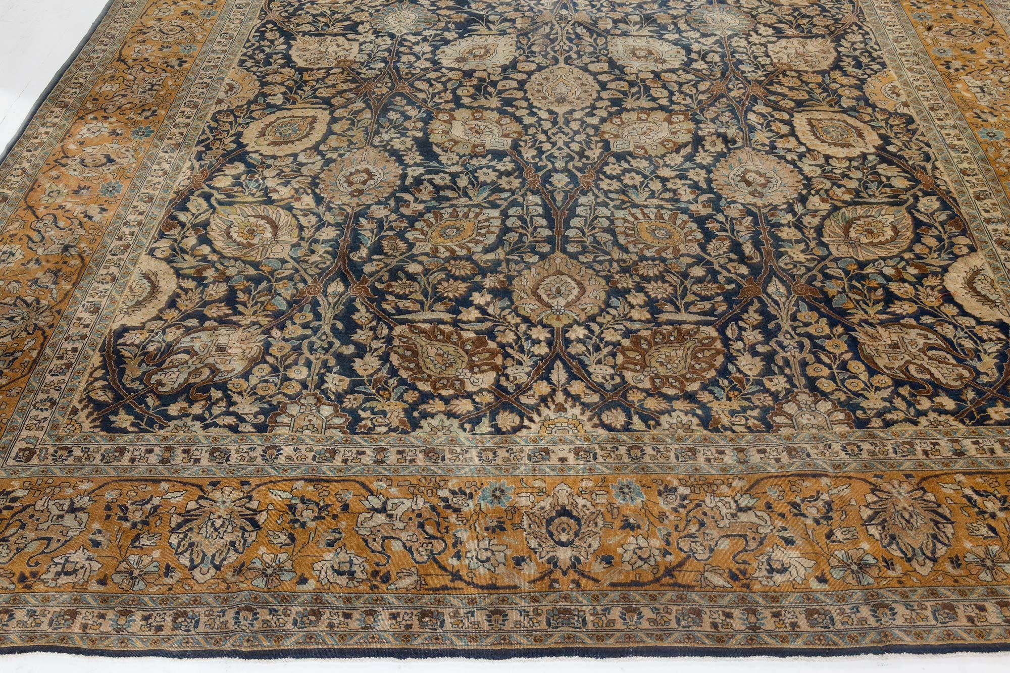Lana Doris Leslie Blau Tappeto persiano Tabriz botanico autentico del XIX secolo in vendita