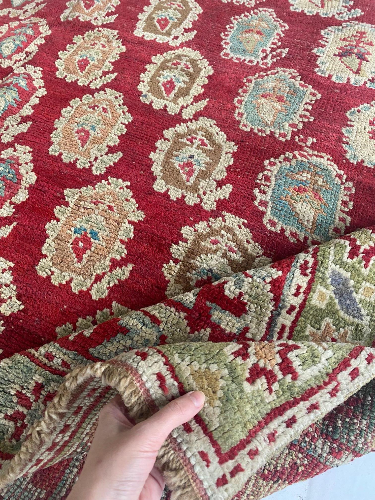 Authentic 19th century Turkish Oushak red handwoven wool carpet
Size: 12'8