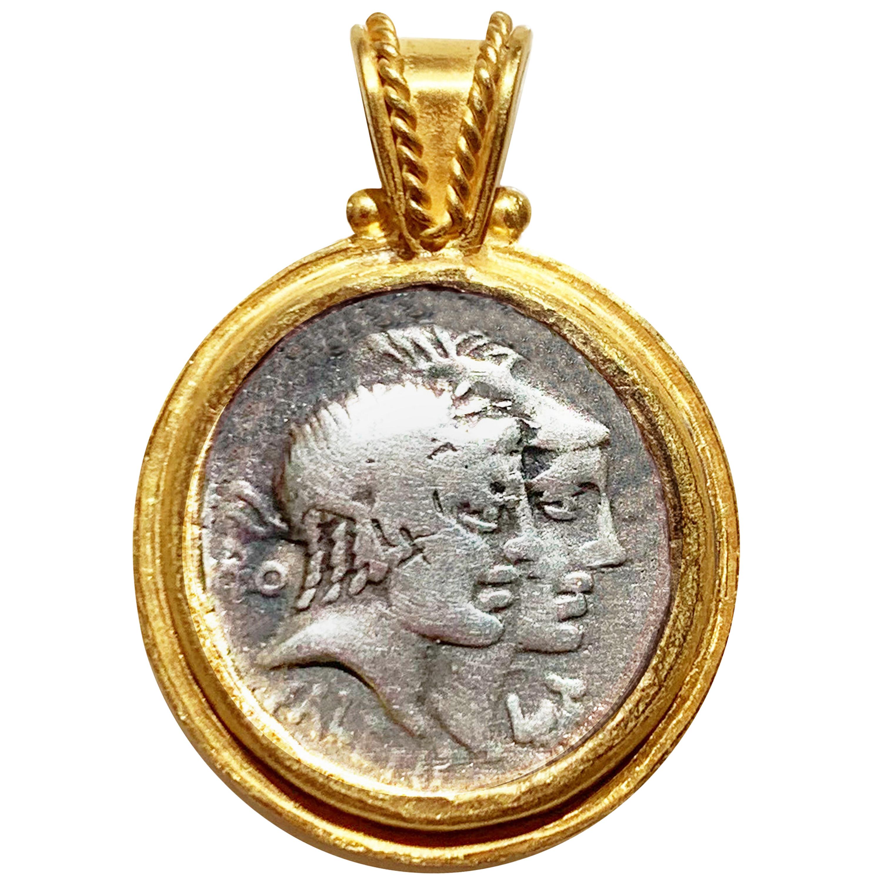 Authentic 
1st Century BC
 Roman Coin 18 Kt Gold Pendant with Honos and Virtus