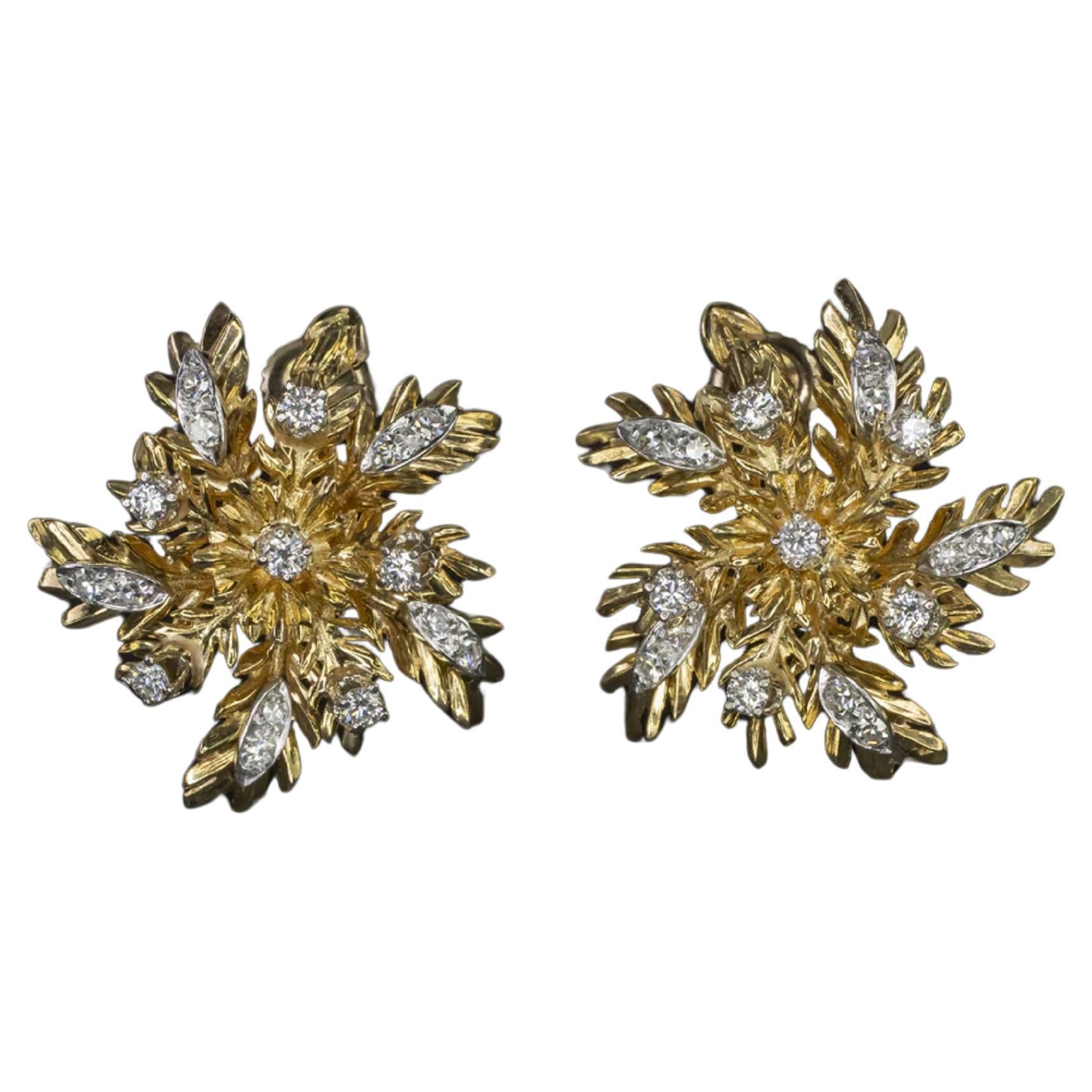 Authentic 50's Vintage 18 Carat Yellow Gold Diamond Earrings For Sale