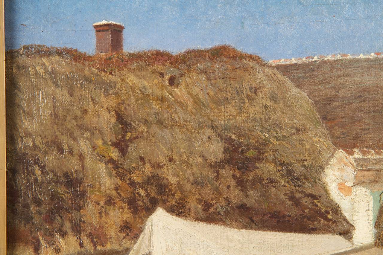 German Authentic Albert Brendel Antique Oil Painting of Village & Donkey, 19th Century
