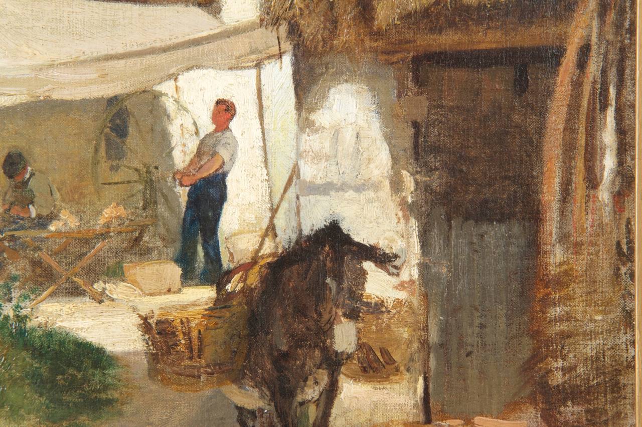 Wood Authentic Albert Brendel Antique Oil Painting of Village & Donkey, 19th Century