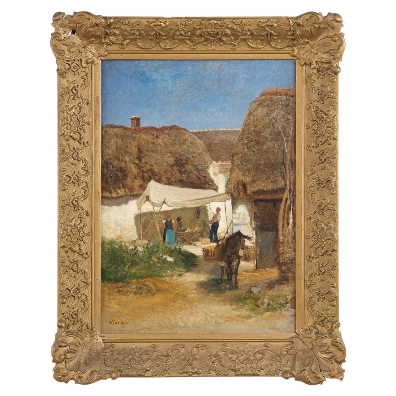 Authentic Albert Brendel Antique Oil Painting of Village & Donkey, 19th Century