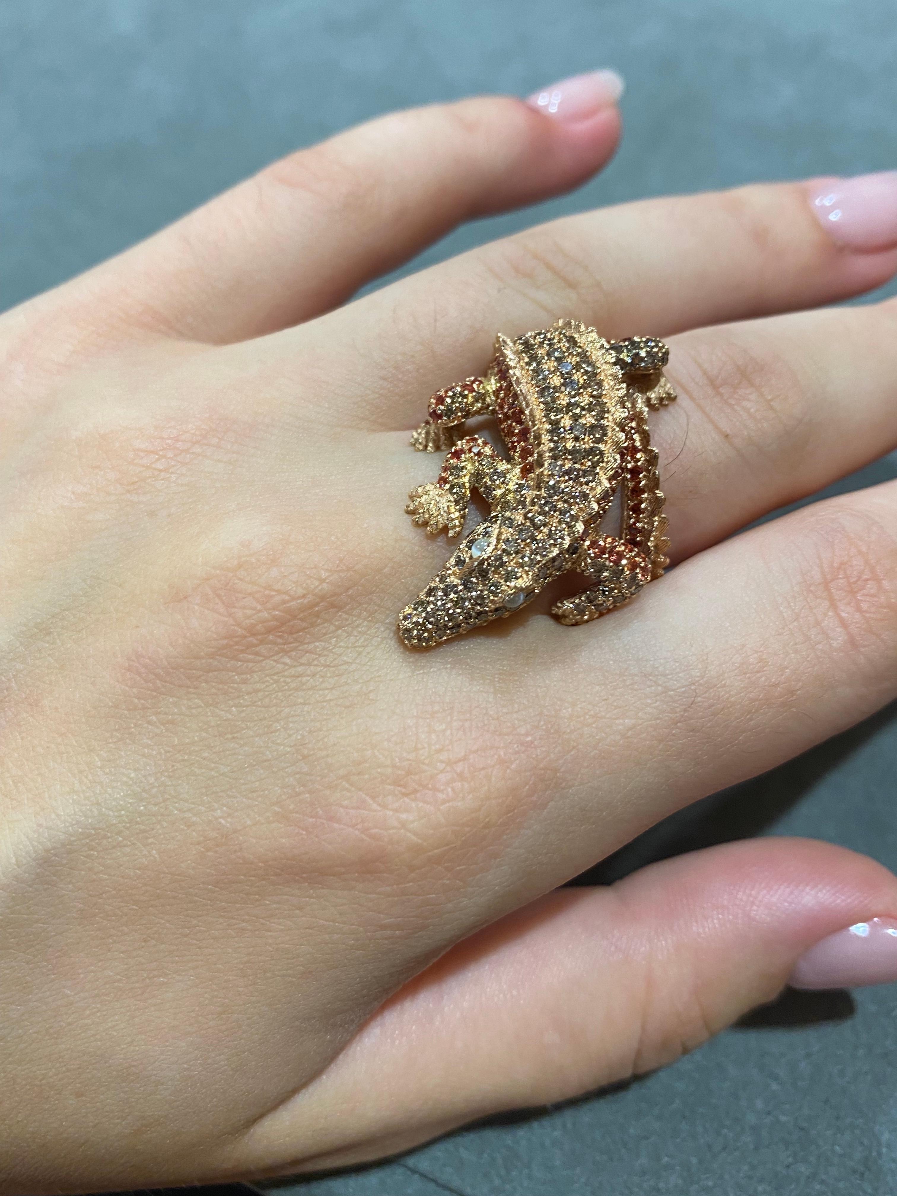 Authentischer Alligator-Diamant-Ring aus 18 Karat Gold für ihr (Rosenschliff) im Angebot