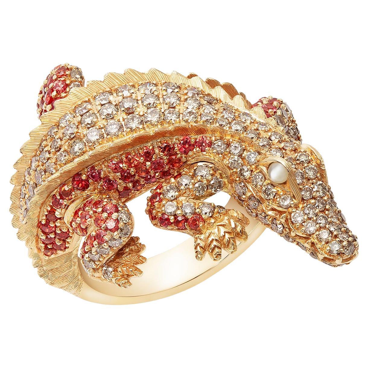 Authentischer Alligator-Diamant-Ring aus 18 Karat Gold für ihr im Angebot