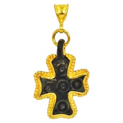 Antique Authentic Ancient Byzantine Era Roman Bronze Cross 22 Karat Gold Pendant