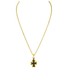 Antique Authentic Ancient Byzantine Era Roman Bronze Cross 22k Gold Pendant Necklace