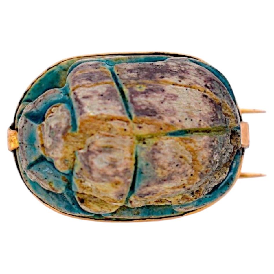 Authentic Ancient Egyptian Scarab Amulet Brooch - Carved Hieroglyphs - Gold