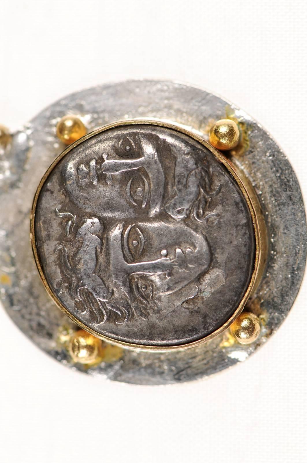 Authentic Ancient Greek Gemini Dioscure Silver Coin in Silver and 22k Gold Bezel In Good Condition In Atlanta, GA