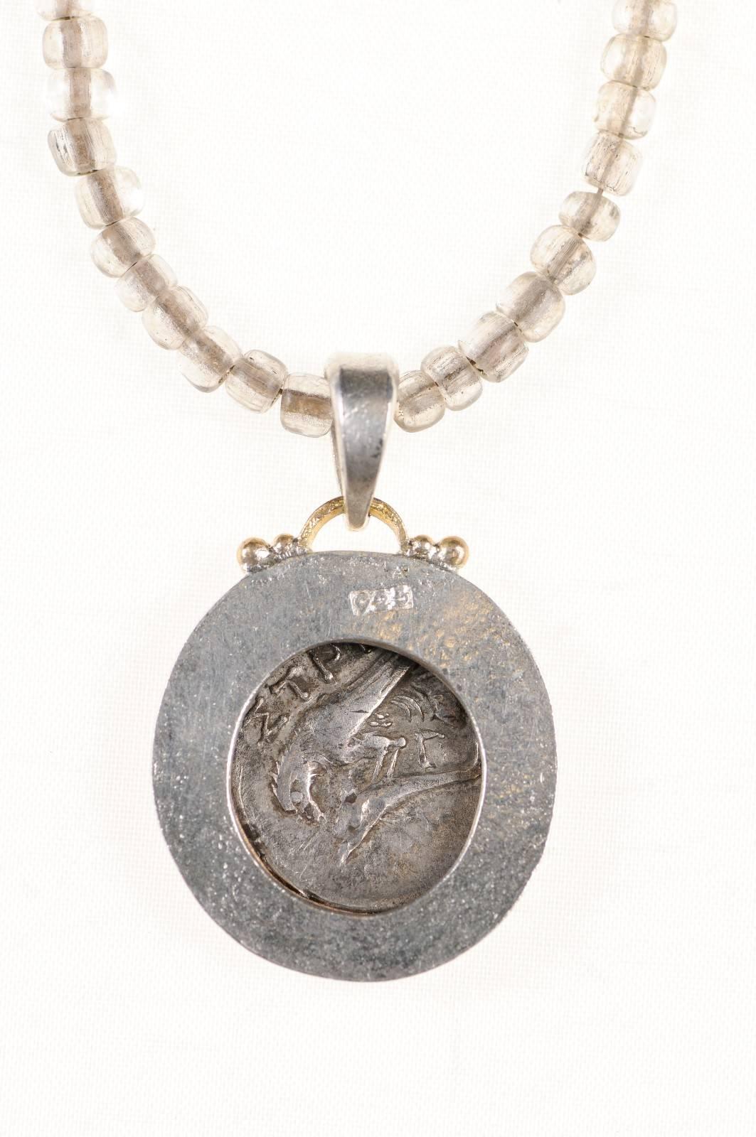 18th Century and Earlier Authentic Ancient Greek Gemini Dioscure Silver Coin in Silver and 22k Gold Bezel