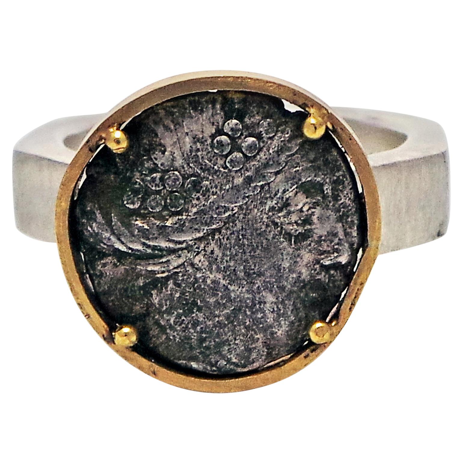 Authentique pièce de monnaie grecque ancienne et bague octogonale