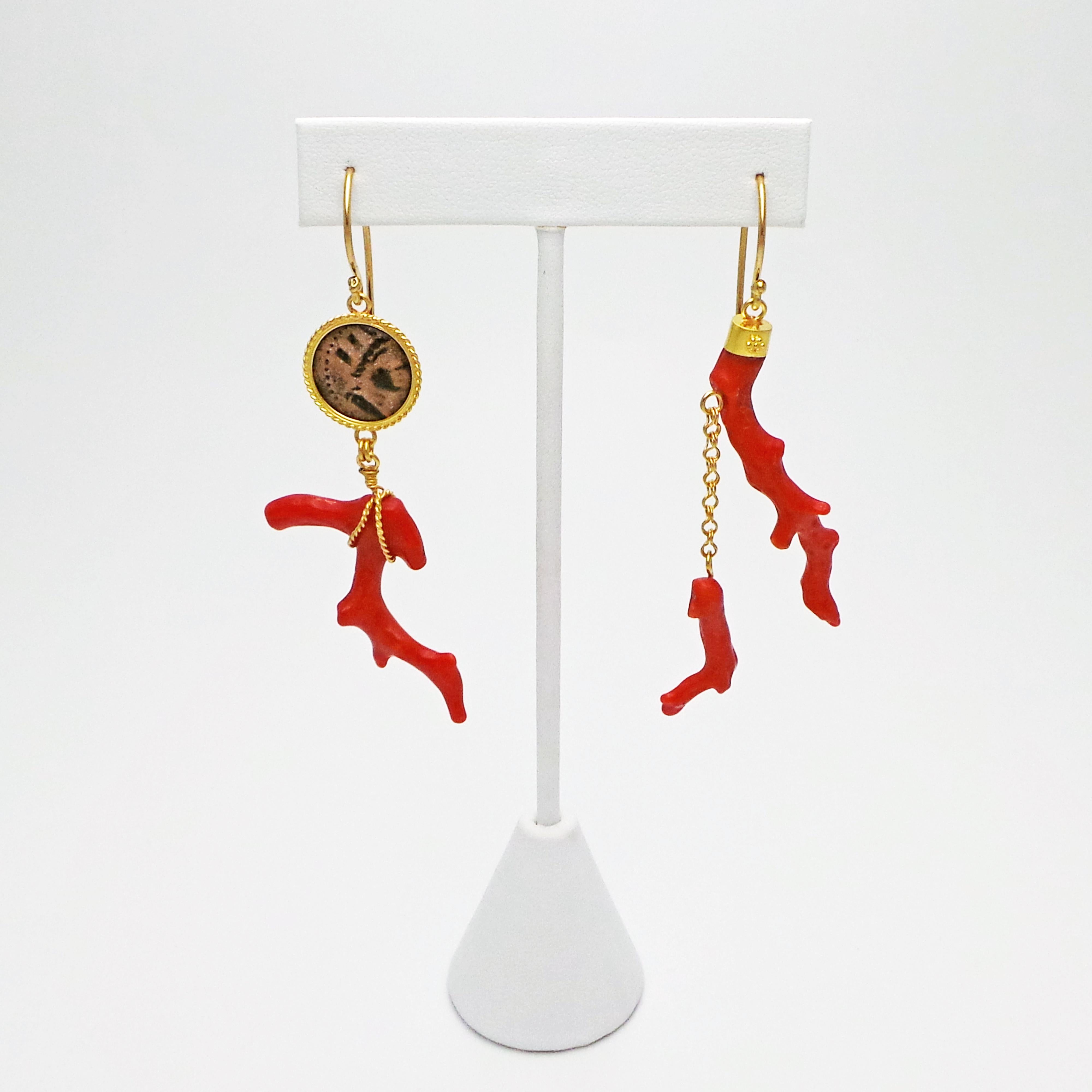 Contemporary Authentic Ancient Hellenistic Coin and Branch Coral Asymmetrical Dangle Earrings For Sale