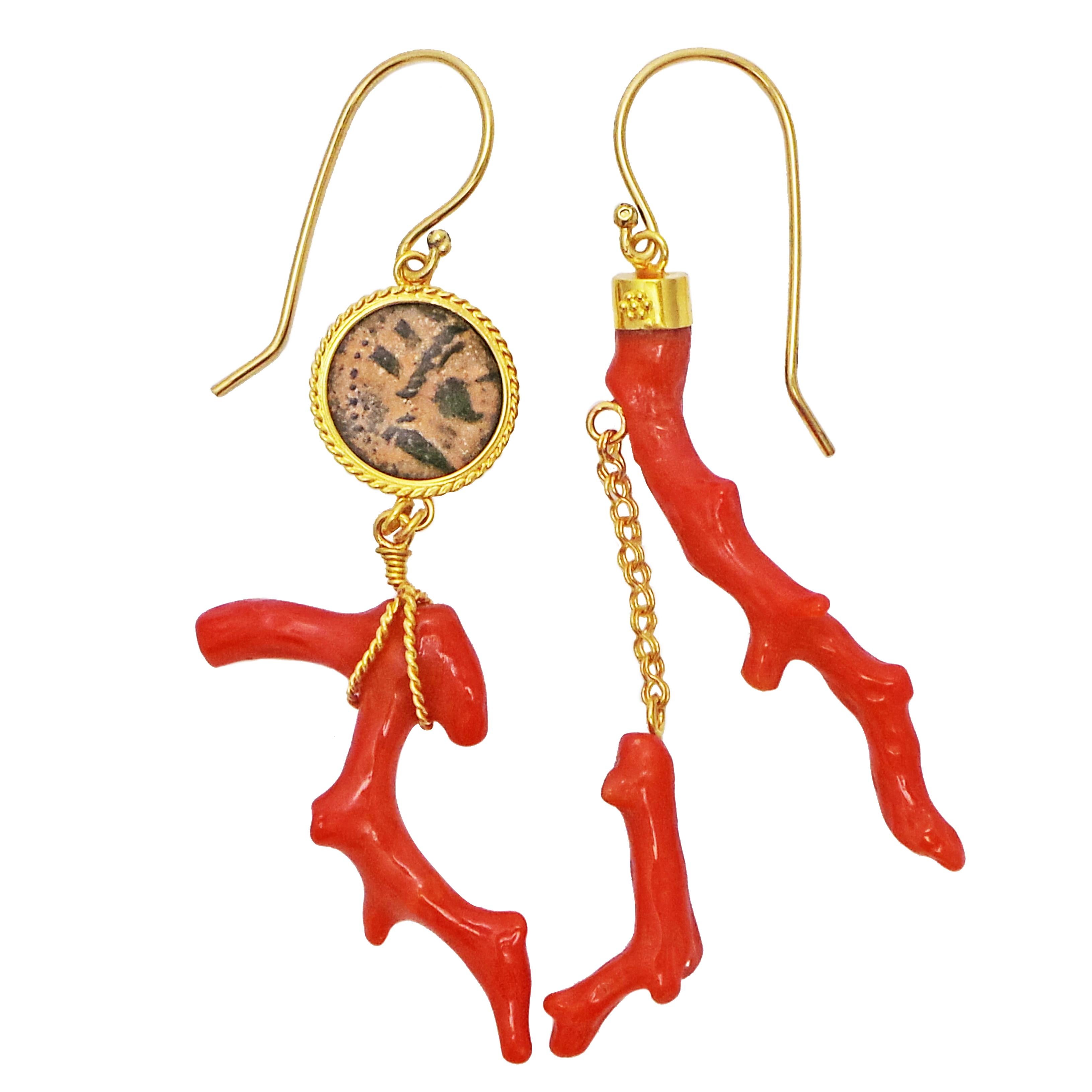 Authentic Ancient Hellenistic Coin and Branch Coral Asymmetrical Dangle Earrings For Sale