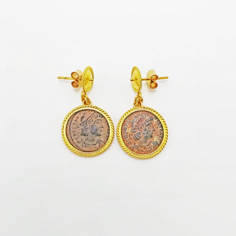 Authentic Ancient Roman Bronze Coin and Gold Stud Earrings For Sale at