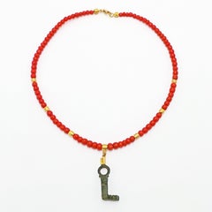 Authentic Ancient Roman Bronze Key and Gold Pendant on Coral Bead Necklace