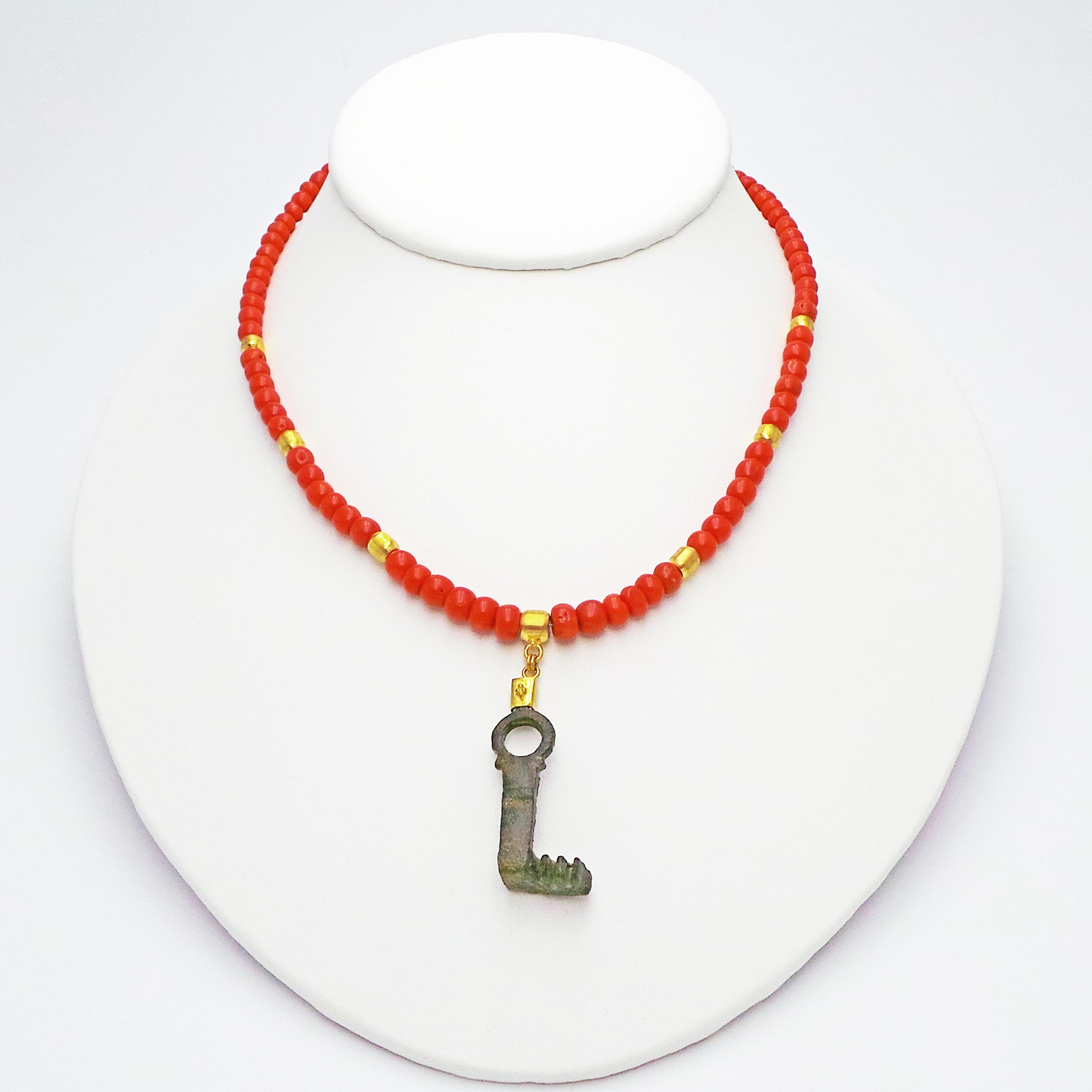 Contemporary Authentic Ancient Roman Bronze Key and Gold Pendant on Coral Bead Necklace For Sale