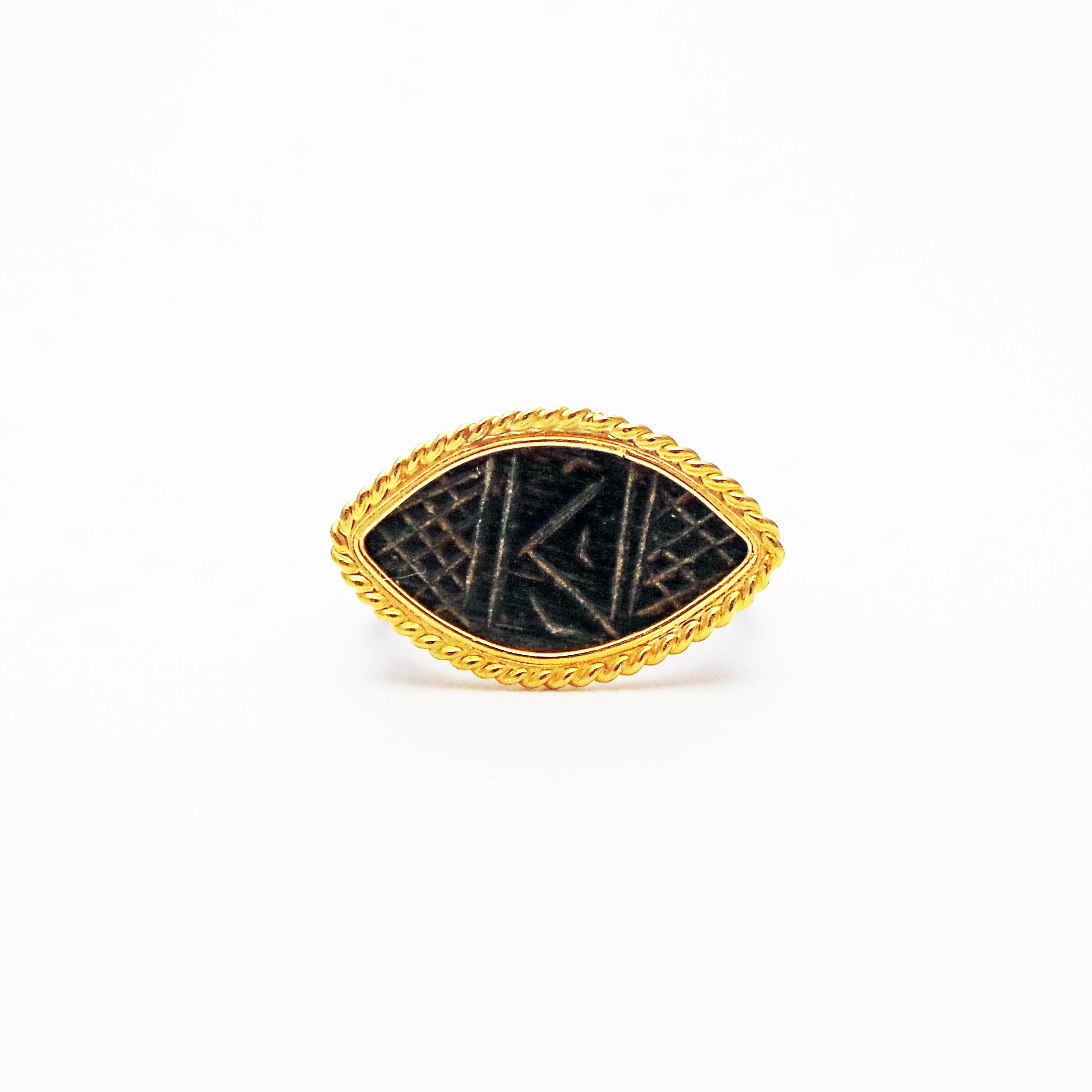 Authentic ancient Roman bronze engraved ring with contemporary added 22k gold rope detailed bezel. Size 6.  Unique marquise or 