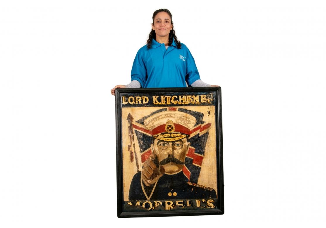 A framed black painted wood sign with a polychrome image of Kitchener in uniform standing in front of the Union Jack. Gilt text on both sides (for Morrell's beer and ale).
Dimensions: 32