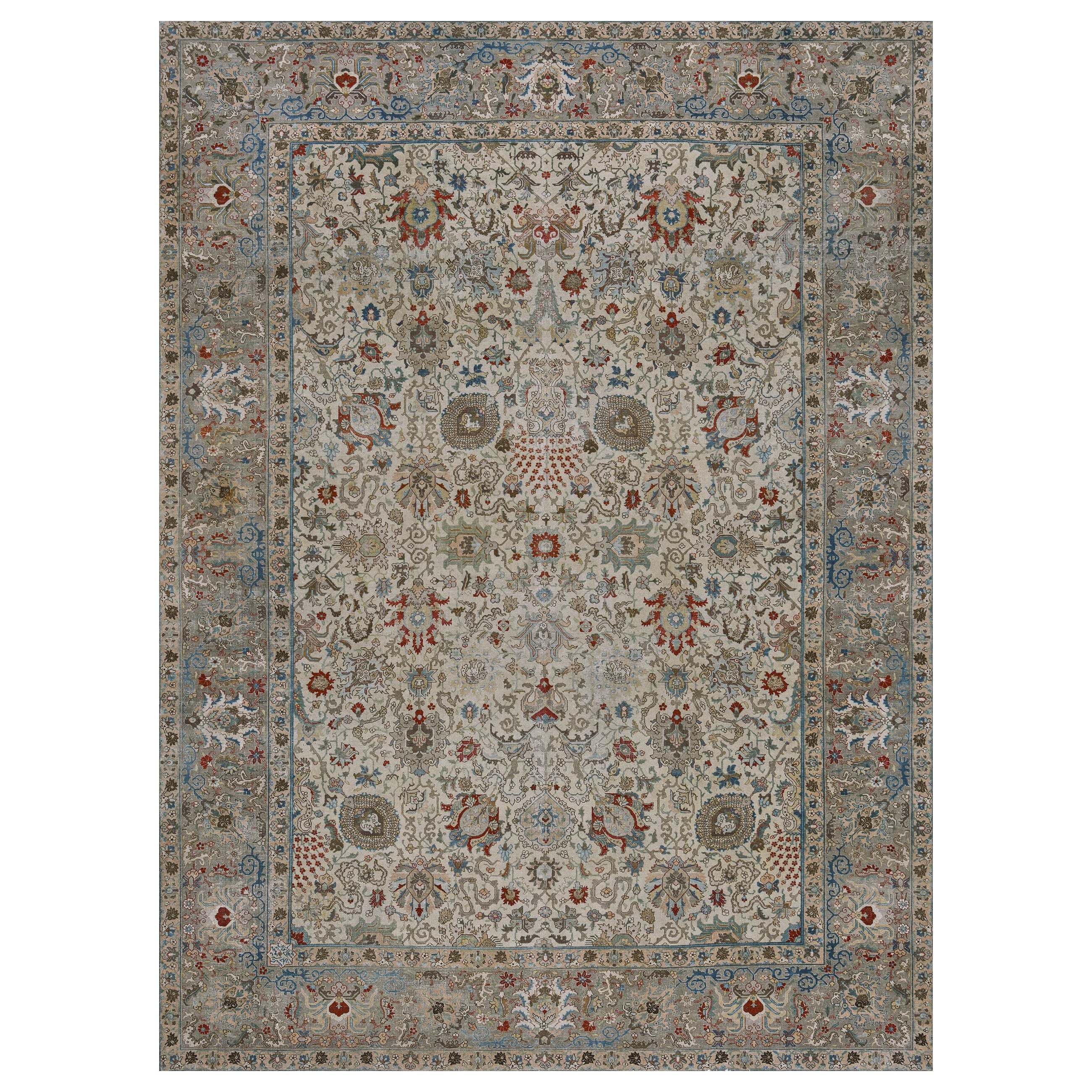 Authentic Antique Circa-1920 Ivory Floral Wool Persian Tabriz Rug For Sale